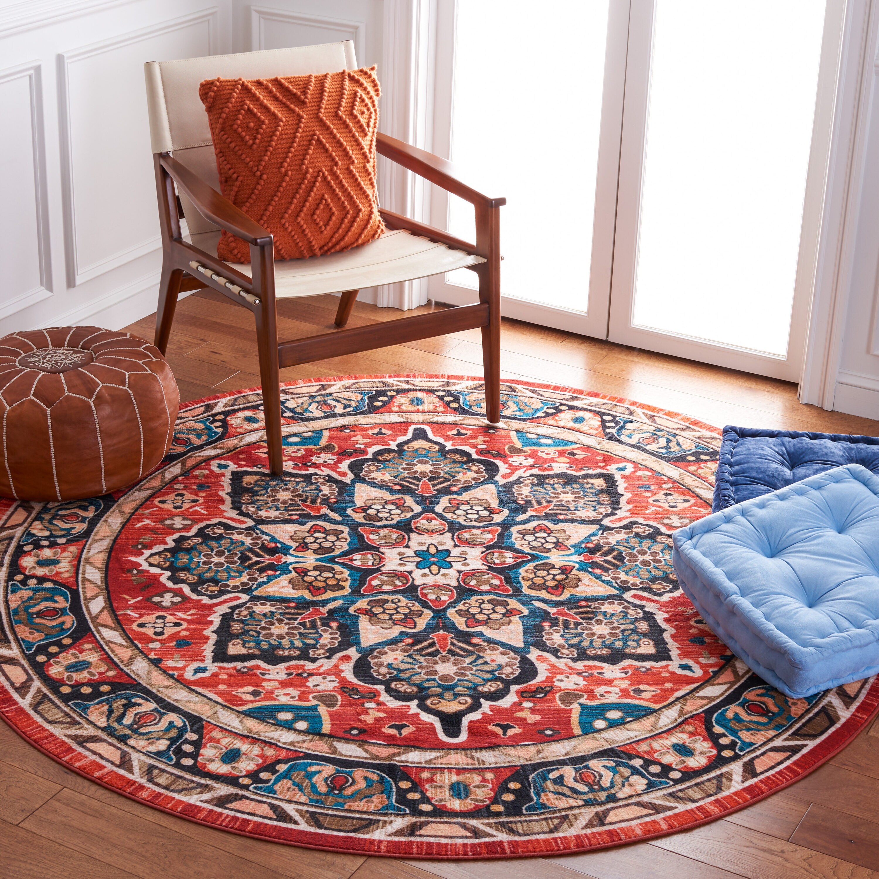 Safavieh RIV155Z-7R Riviera 7 x 7 (ft) Loomed Polyester Black/Red Round Indoor Border Machine washable Area rug