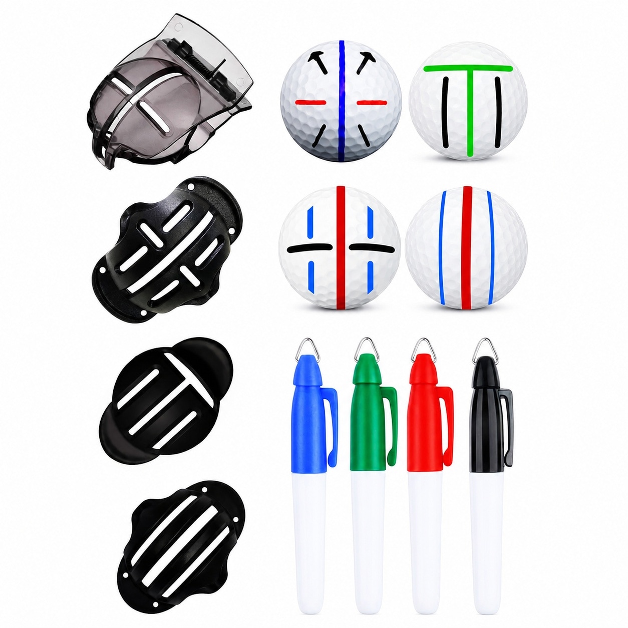 Aoibox  8 Piece Golf Ball Line Marker Set with 4 Plastic Stencils and 4 Color Permanent Markers for Alignment