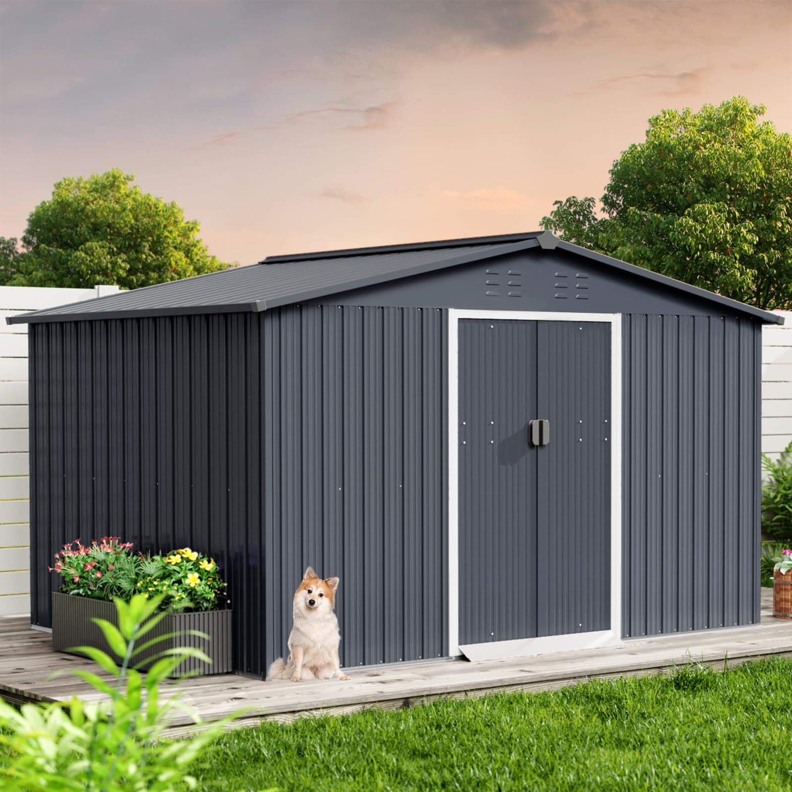 GarveeLife - 10x12 ft Galvanized Steel Outdoor Storage Shed Weatherproof Metal Tool Shed with Slo...