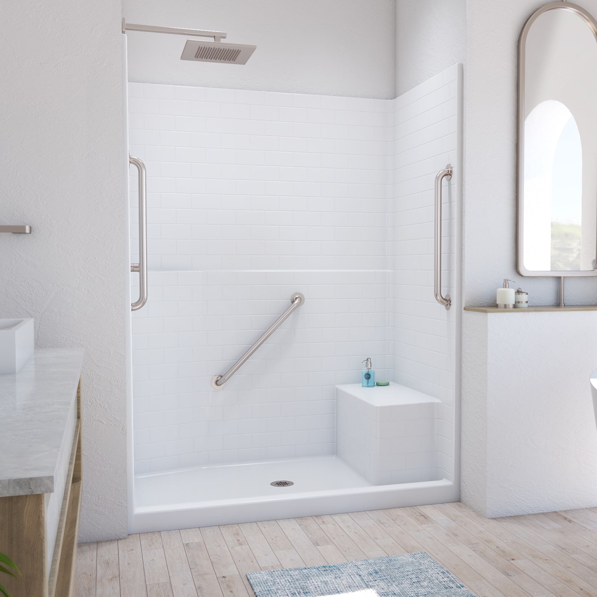 Laurel Mountain 6034SH1SPSTR064 Keller 34-in W x 60-in L x 80-in H Rectangular One-piece shower kit ( Center Drain) with Integrated Seat Base and Wall Included and Drain Included Brushed stainless steel Hardware Included