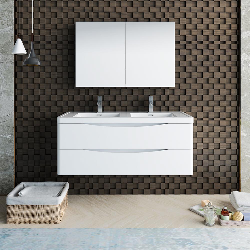 Fresca FVN9048WH-D Tuscany 48-in Glossy White Double sink Floating Bathroom Vanity with White Acrylic Top