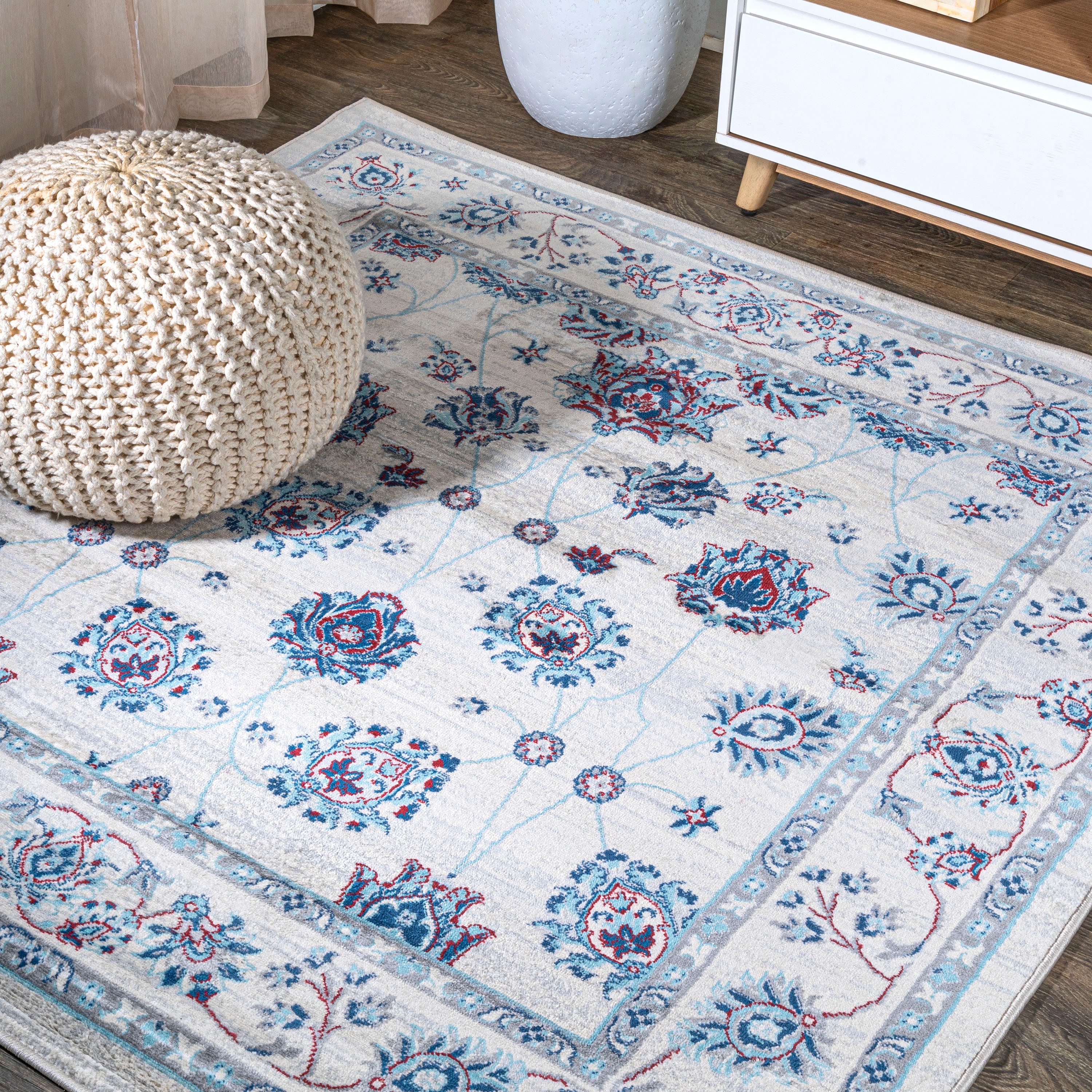 JONATHAN  Y MDP101D-5SQ MODERN PERSIAN Vintage Moroccan 5 x 5 (ft) Loomed Polypropylene Ivory/Blue/Red Square Indoor Medallion Persian Area rug