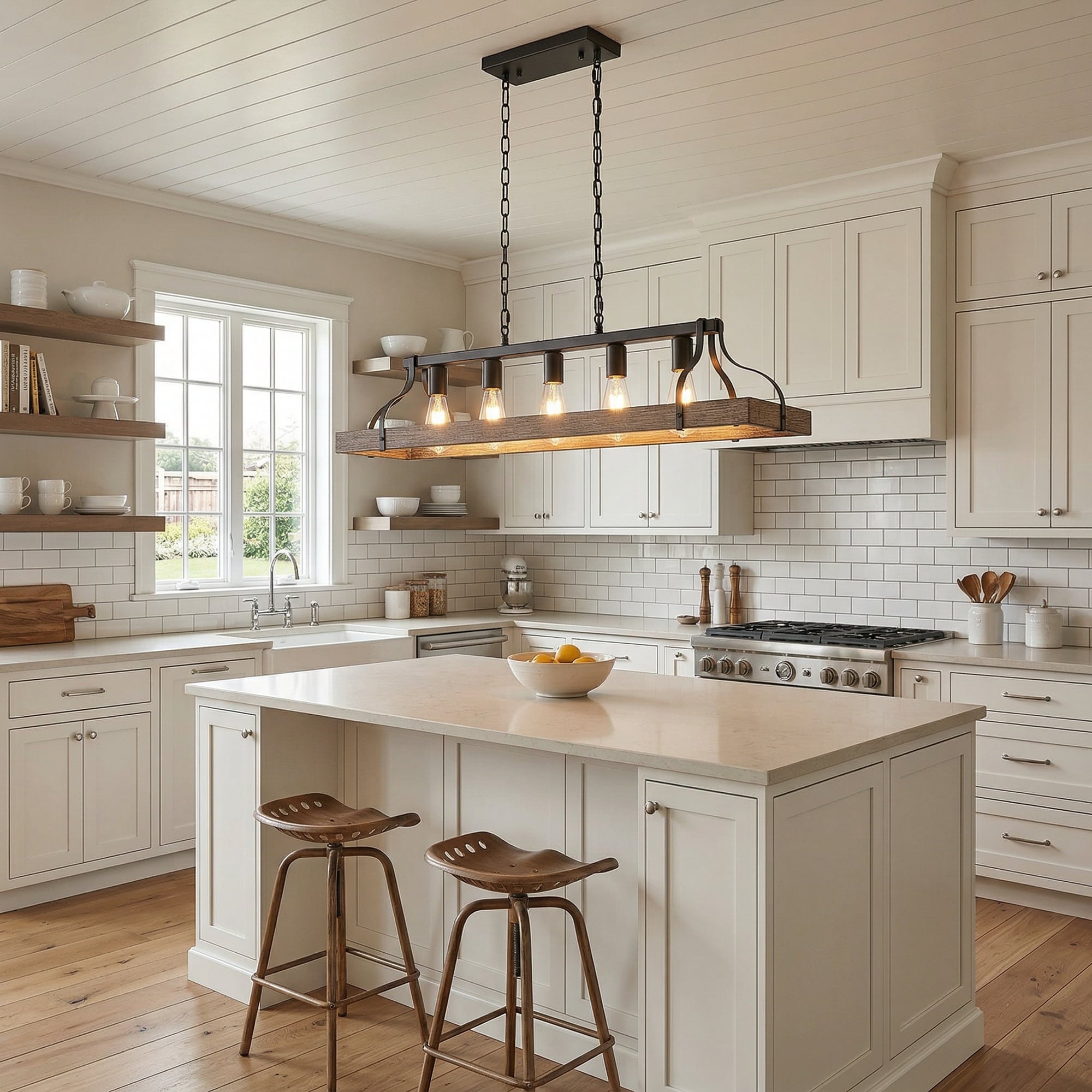 RCCFBHM - 34-in Walnut Industrial Pendant Light 5 Light Modern Farmhouse Linear Chandelier for Ki...