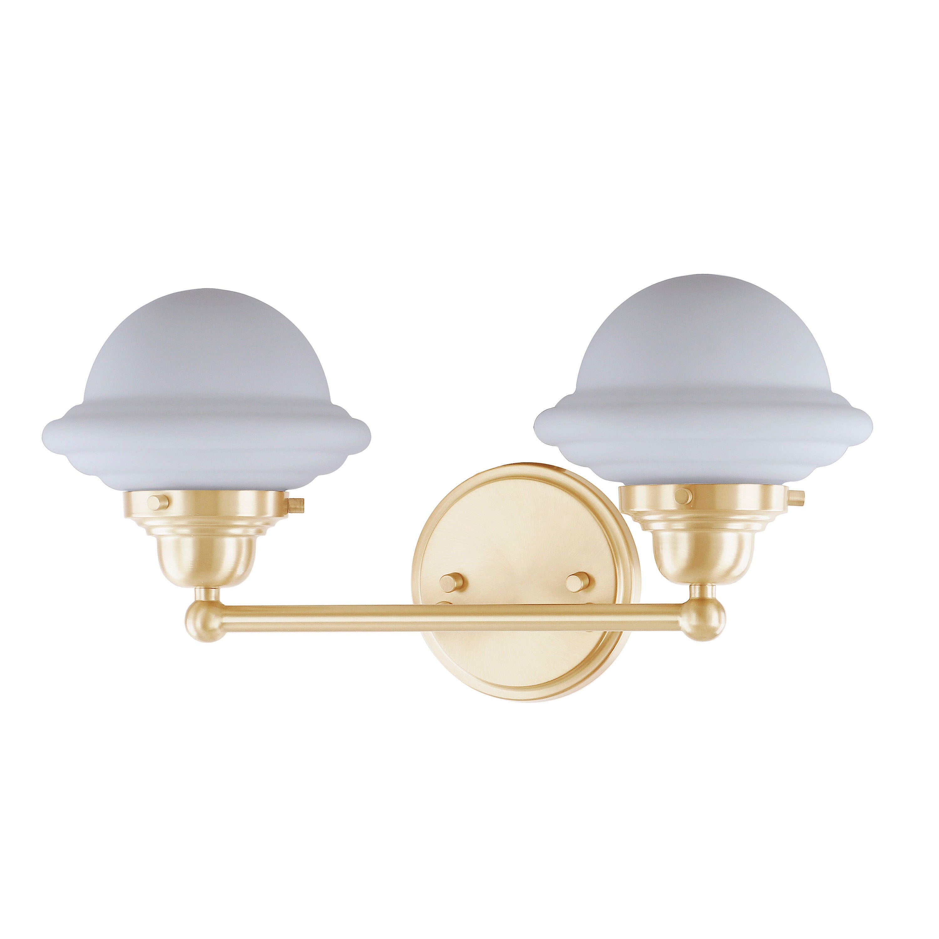 Warm Brass 2-Light Vanity Fixture with White Glass Shades