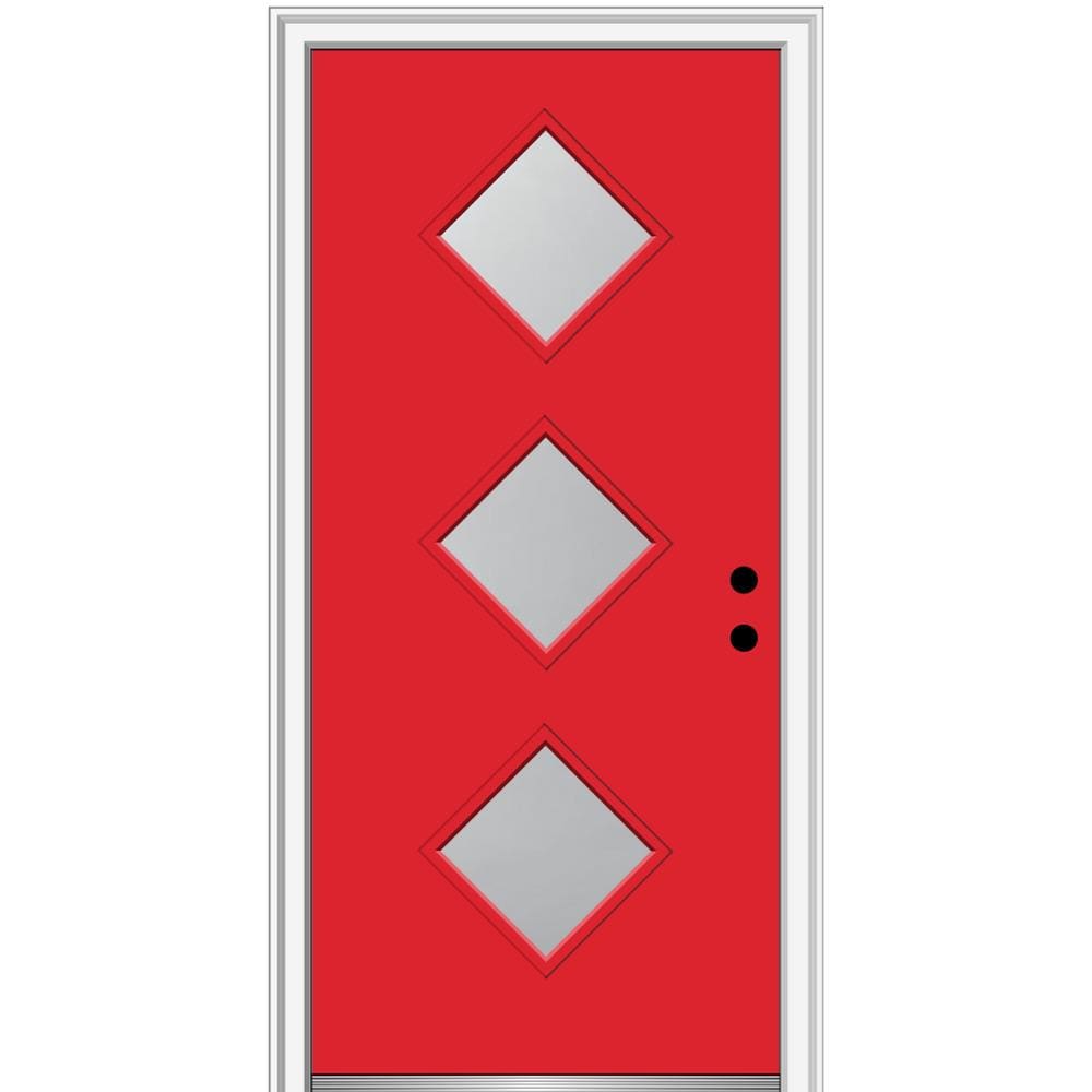 MMI DOOR ZZ347613L Spotlights 32-in x 80-in x 4-9/16-in Fiberglass Pulse lite Left-hand inswing Red Saffron Painted Prehung Front Door with Brickmould Insulating core