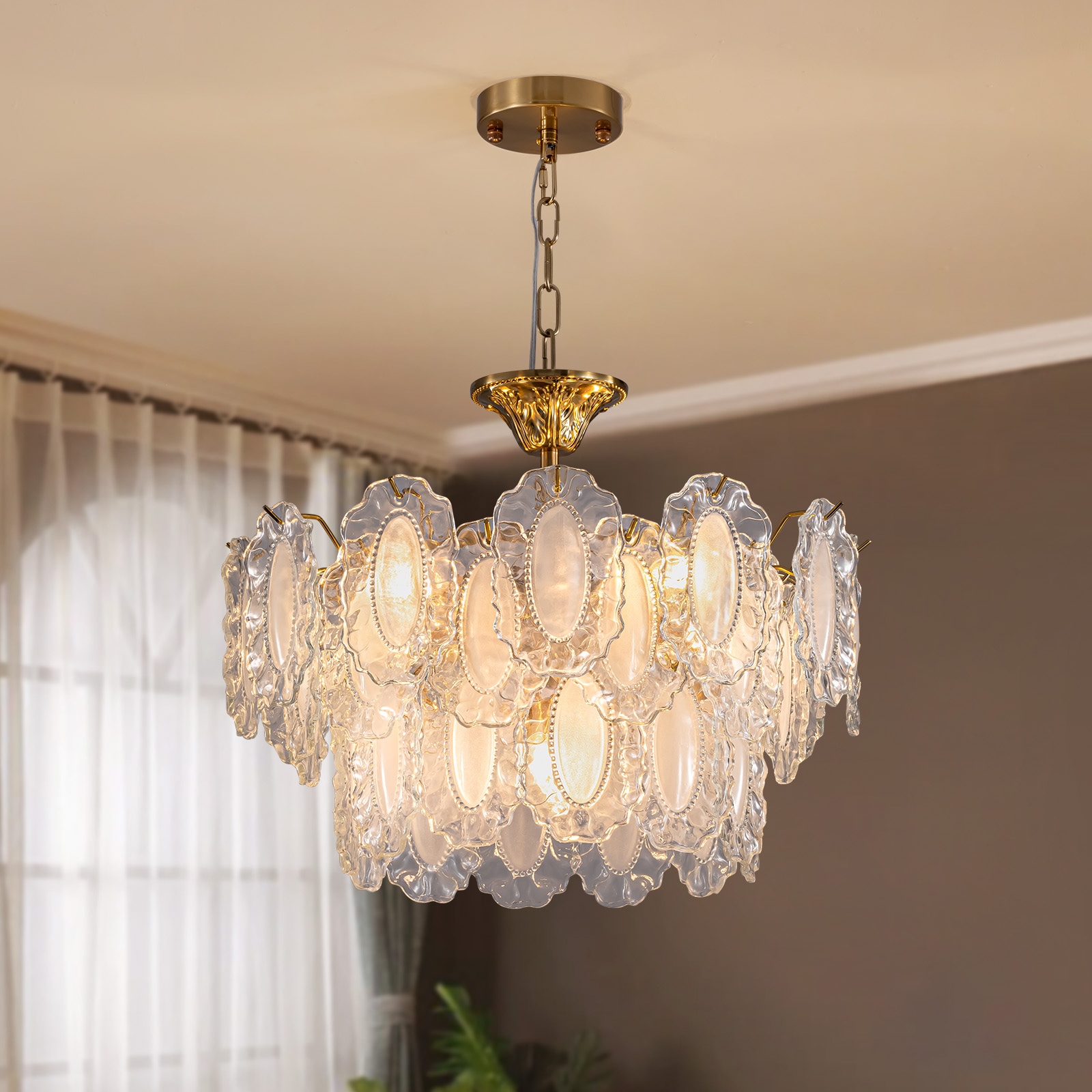 Liwidu  6 Light Modern Gold Glass Chandelier 20inch Antique Crystal Chandeliers 3 Layer Round Pendant Chandelier for Dining Room Kitchen Island Living Room Bedroom 59inch Height Adjustable