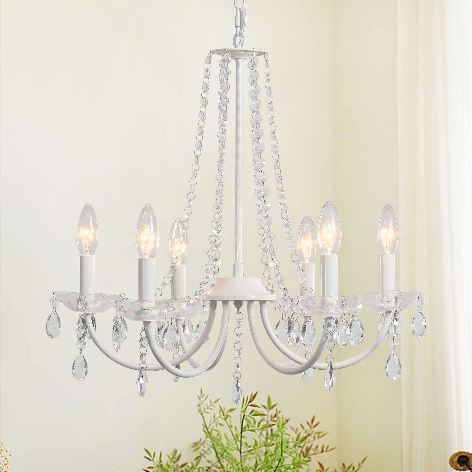 Zjvaive 6-Light 19.68in White Crystal Chandelier Adjustable 25.59-84.64in Chain E12 Socket Max 60W Farmhouse Ceiling Light Fixture Bulbs Not Included for Living Room Dining Room Bedroom #LS1-2-D6016-6-SW