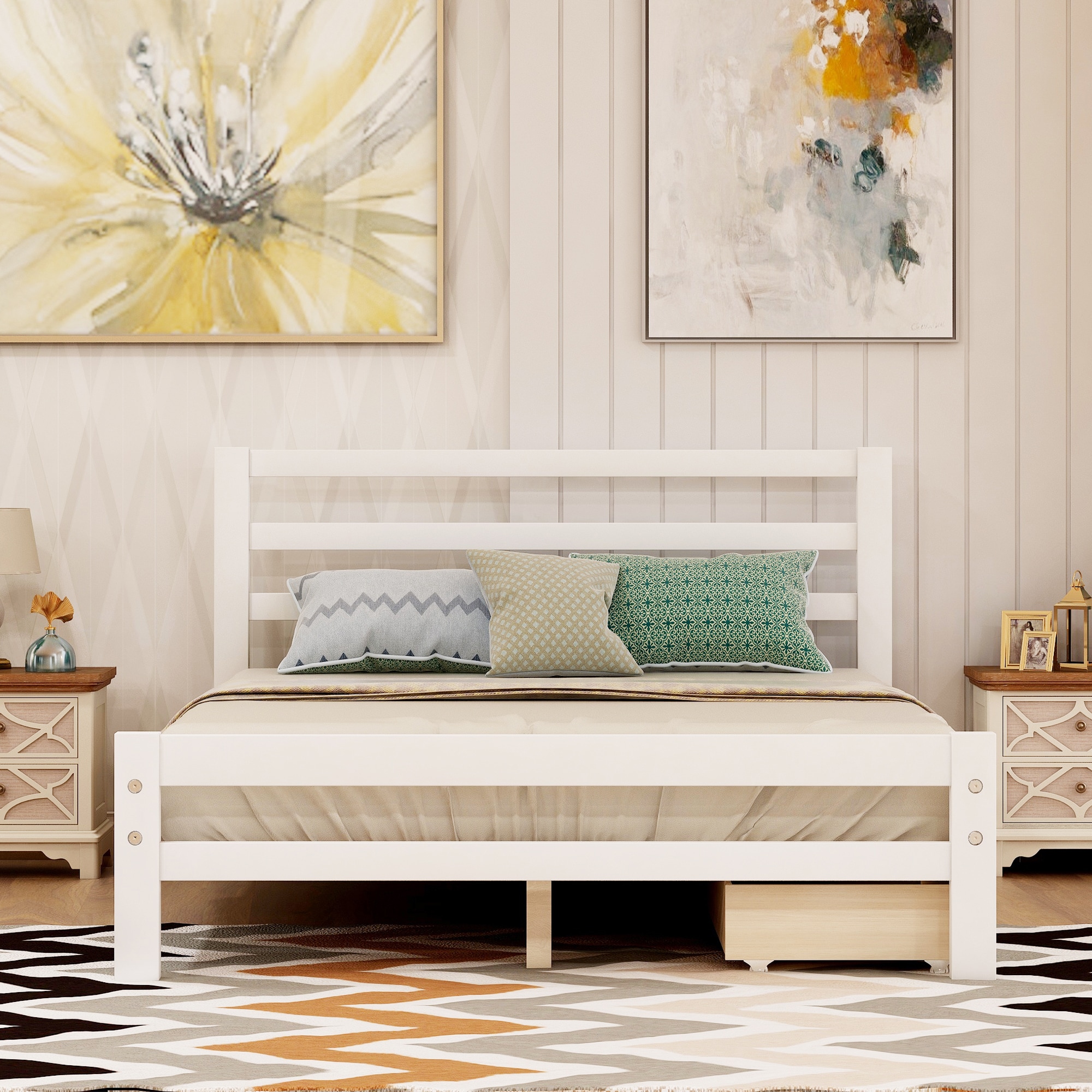 Qualler White Full Wood Platform Bed With Storage In The Beds ...