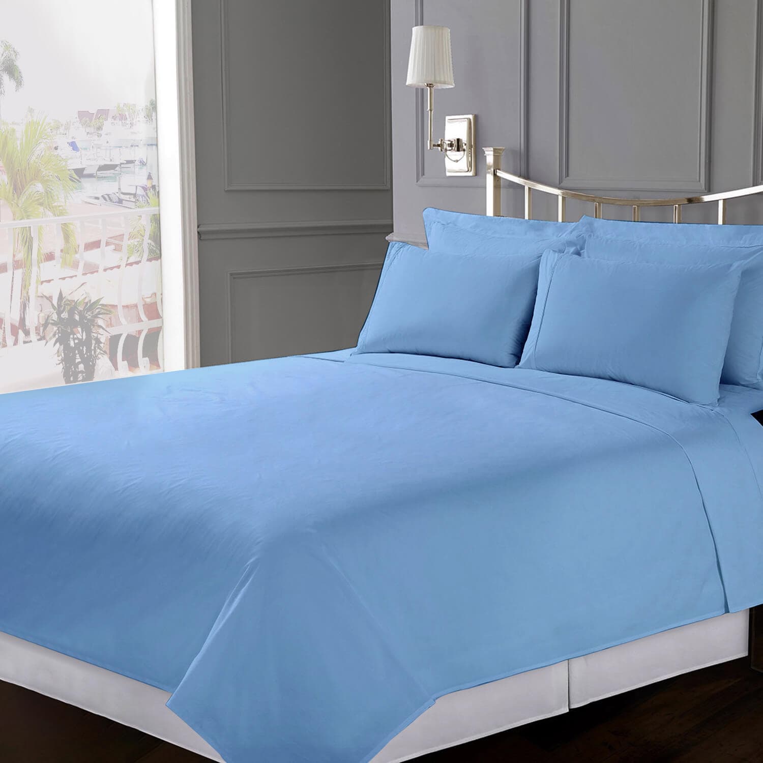 Fab Glass and Mirror Bedsheet Queen 300-Thread-Count Cotton Sky Blue Bed-Sheet | DY32-QSAVF