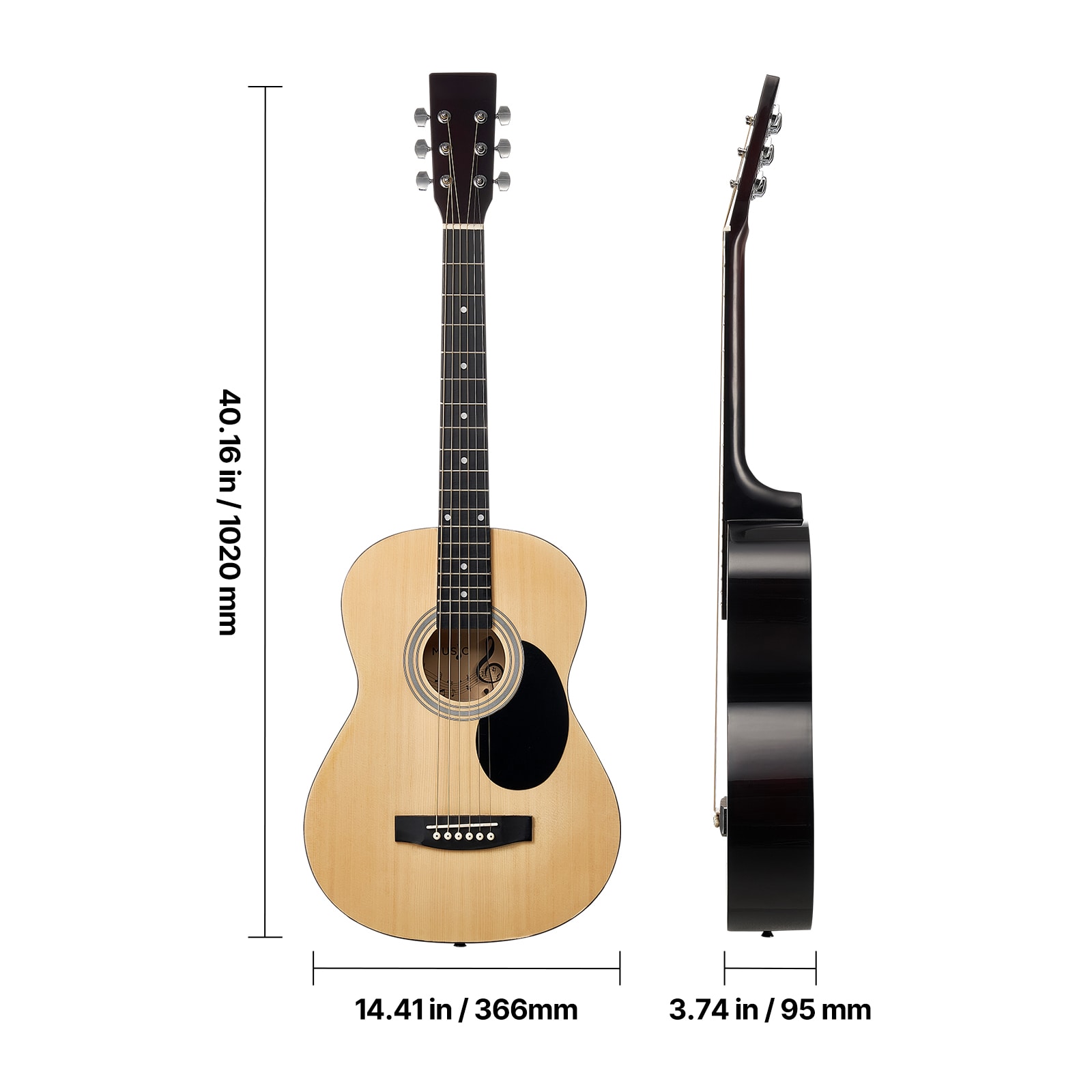 VEVOR Dreadnought Acoustic Guitar 39 in 6-String Natural Solid Spruce Top Guitar Portable Bundle with Gig Bag Tuner Strap Steel Strings Picks Capo Rosewood Fingerboard for Beginner Adults