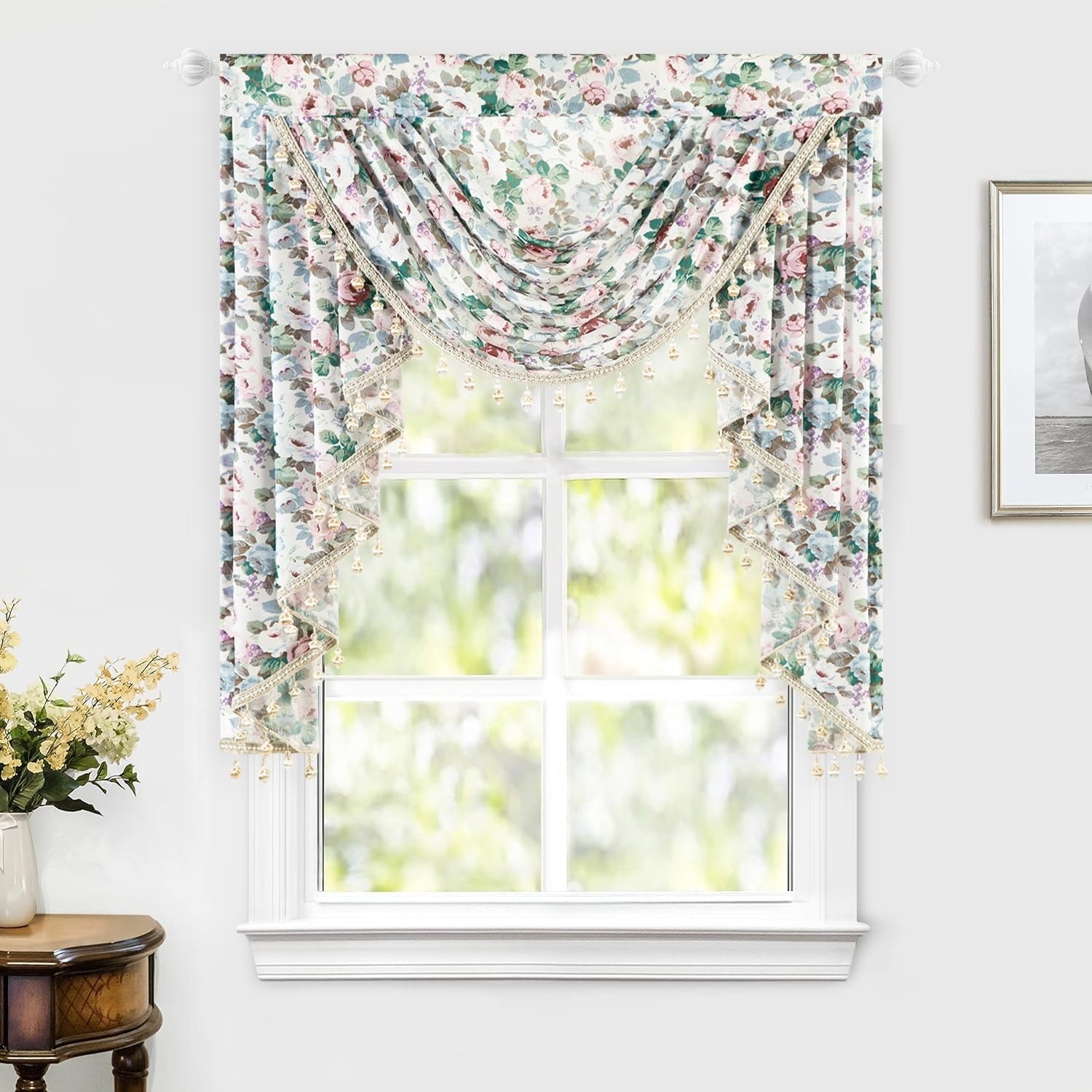 LAIFUCAM  Farmhouse Waterfall Valance Floral Sheer Curtain Topper with Bead Tassels 39 Inch Wide Swag for Living Room or Bedroom Window Pink Blue