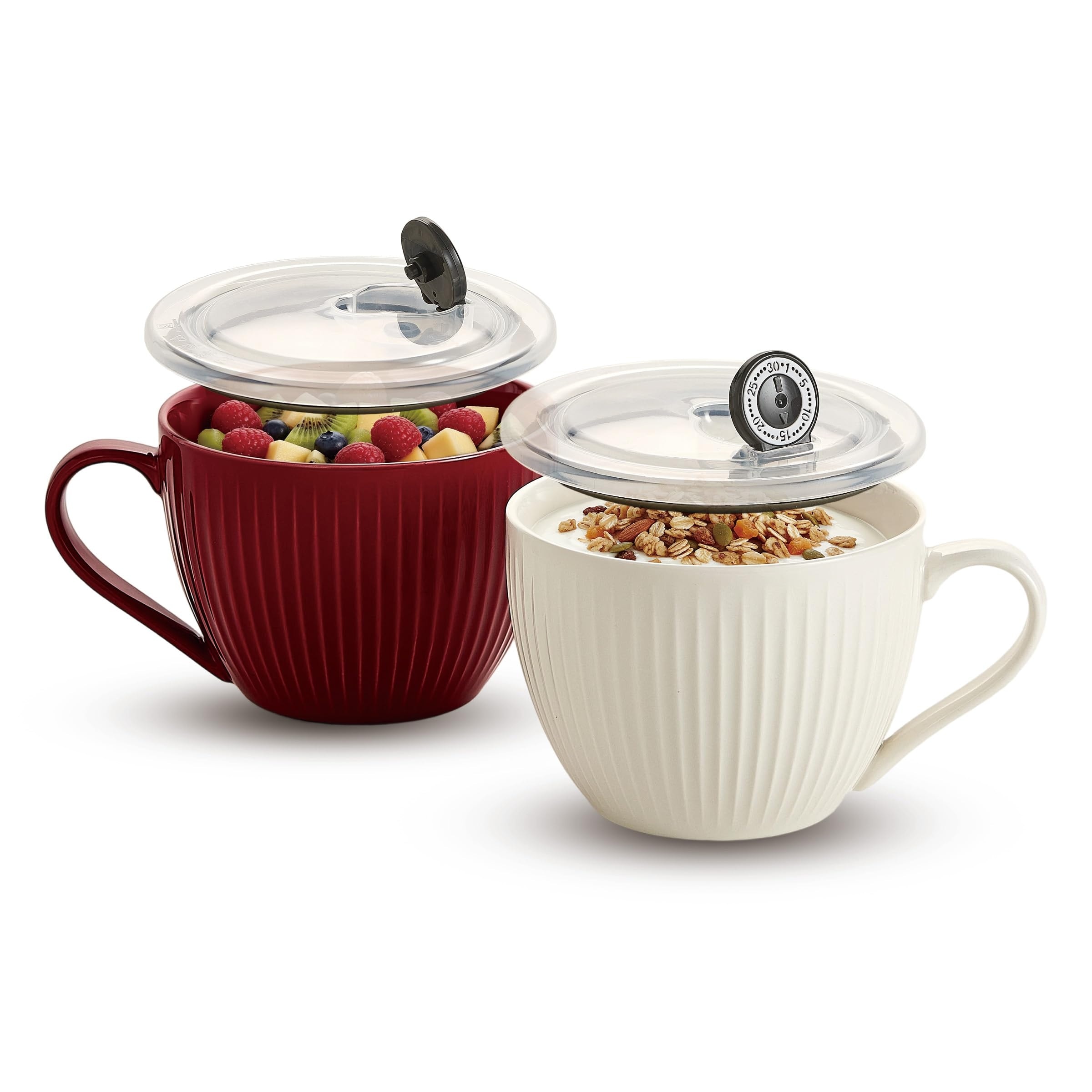 Aoibox  24oz Ceramic Soup Bowl Set with Handle and Lid Red and White Striped Embossed Mug Bowls 2 Pack