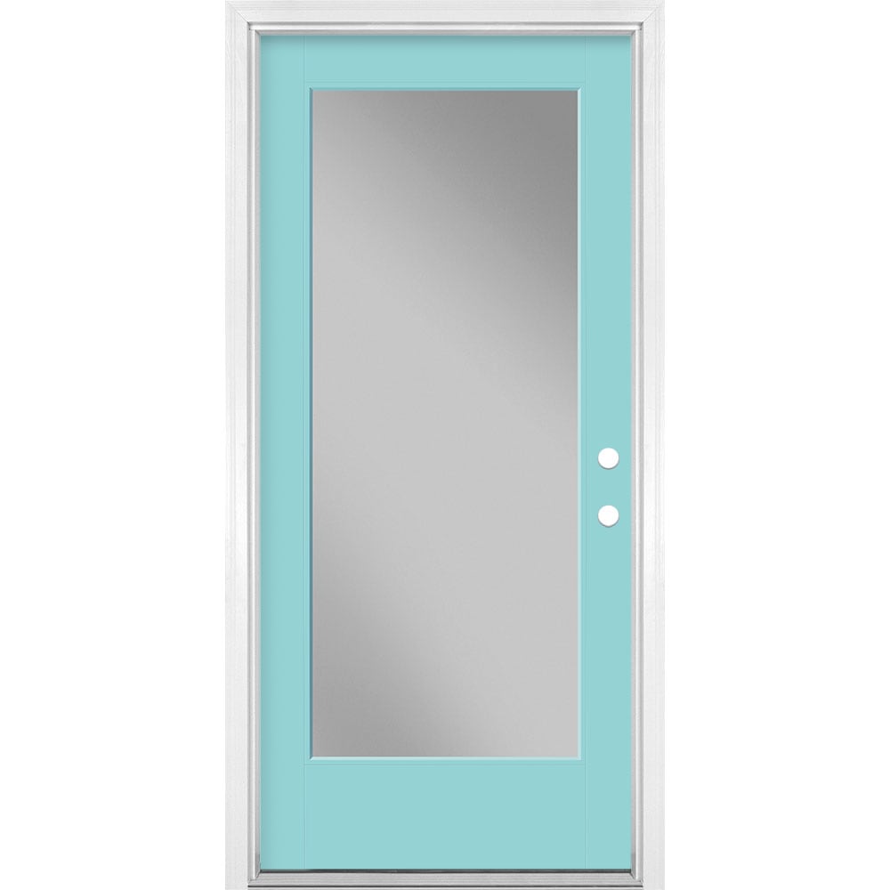 Masonite 1523931 36-in x 80-in x 4-9/16-in Fiberglass Full lite Left-hand inswing Caribbean Blue Painted Prehung Front Door with Brickmould Insulating core
