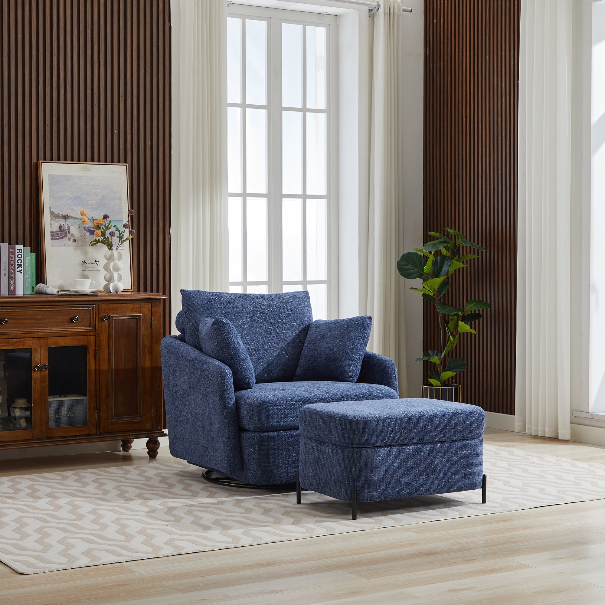Aortzio HM-A1082-NAVY 2 Modern NAVY Chenille Swivel Barrel Chair