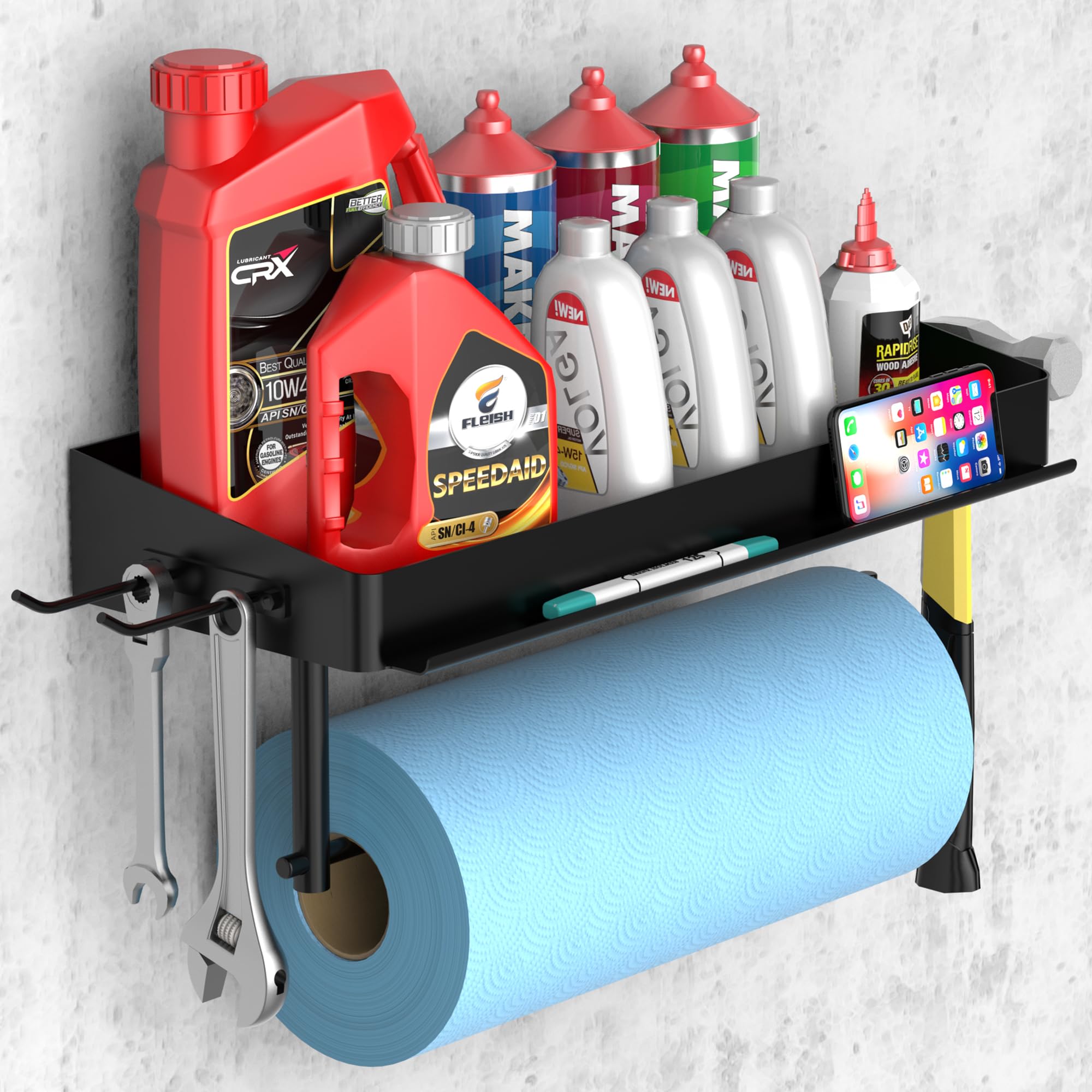 Anqtovp -  Garage Paper Towel Holder with Shelf 12 Inch Wall Mount Shop Towel Rack with 2 Hooks B...