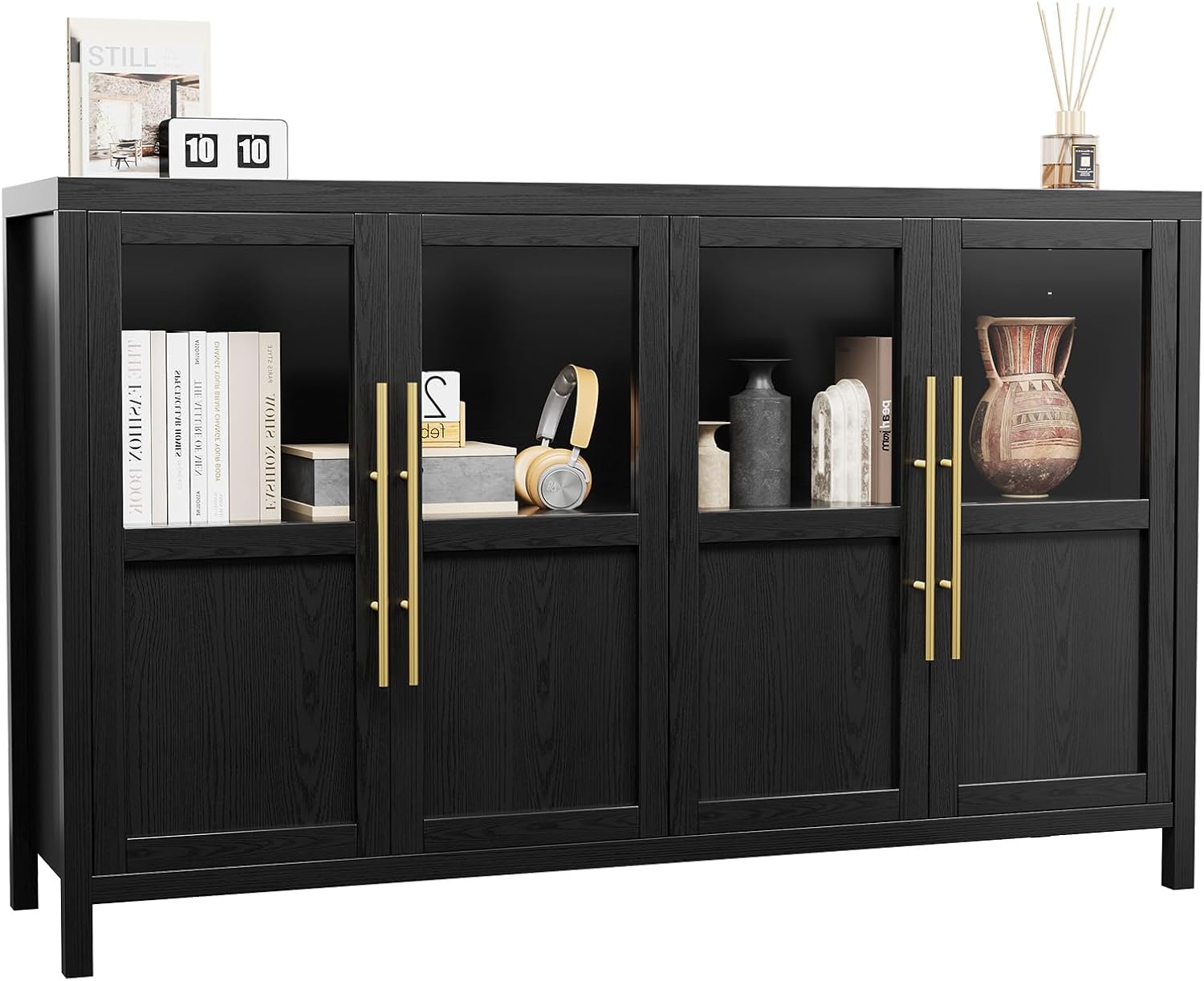 Qeetex LHF-BG-NT92265 Sideboard Buffet Cabinet with 4 Glass Doors - Black