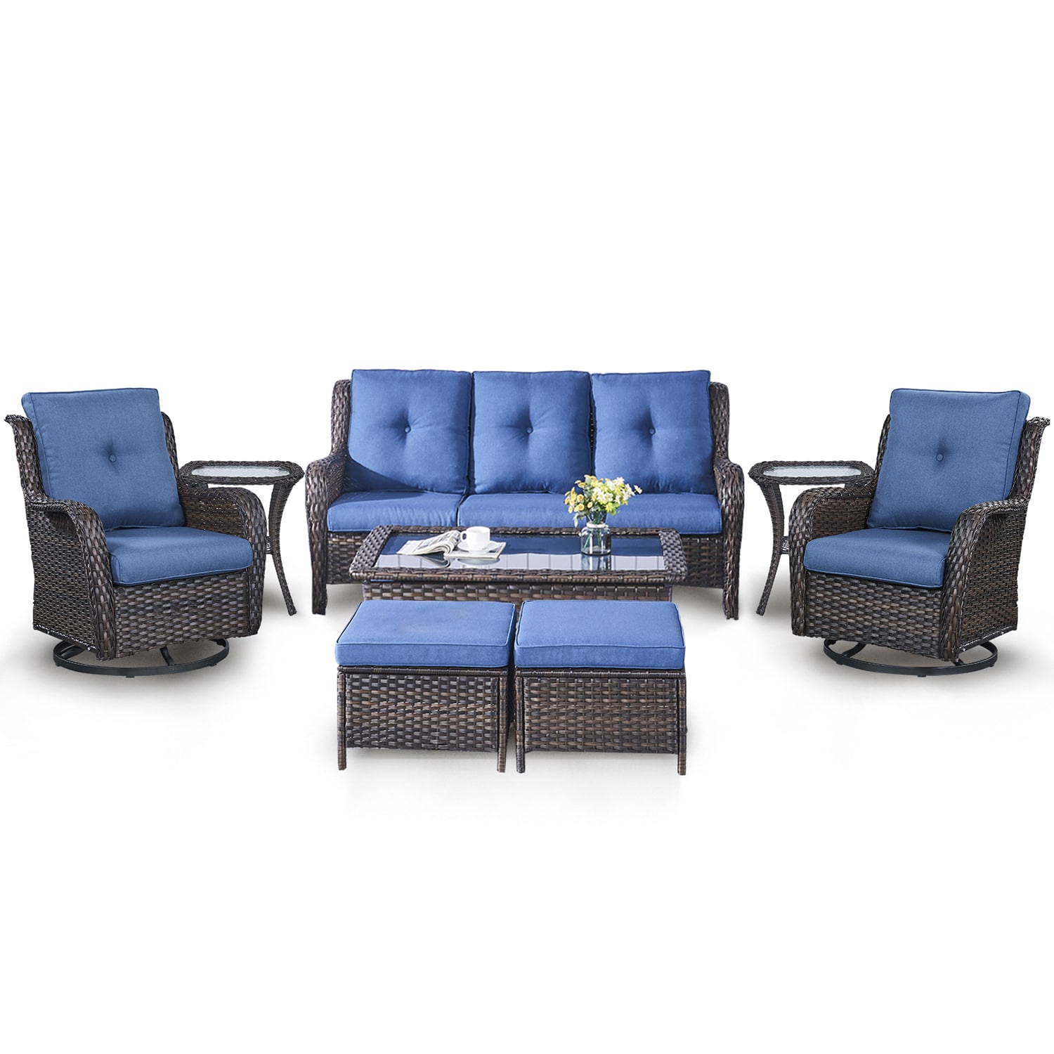 Rilyson FS1318025X2023014-1 Curved Handrail 8 -Piece Wicker Patio Sofa Conversation Set with Blue Cushions