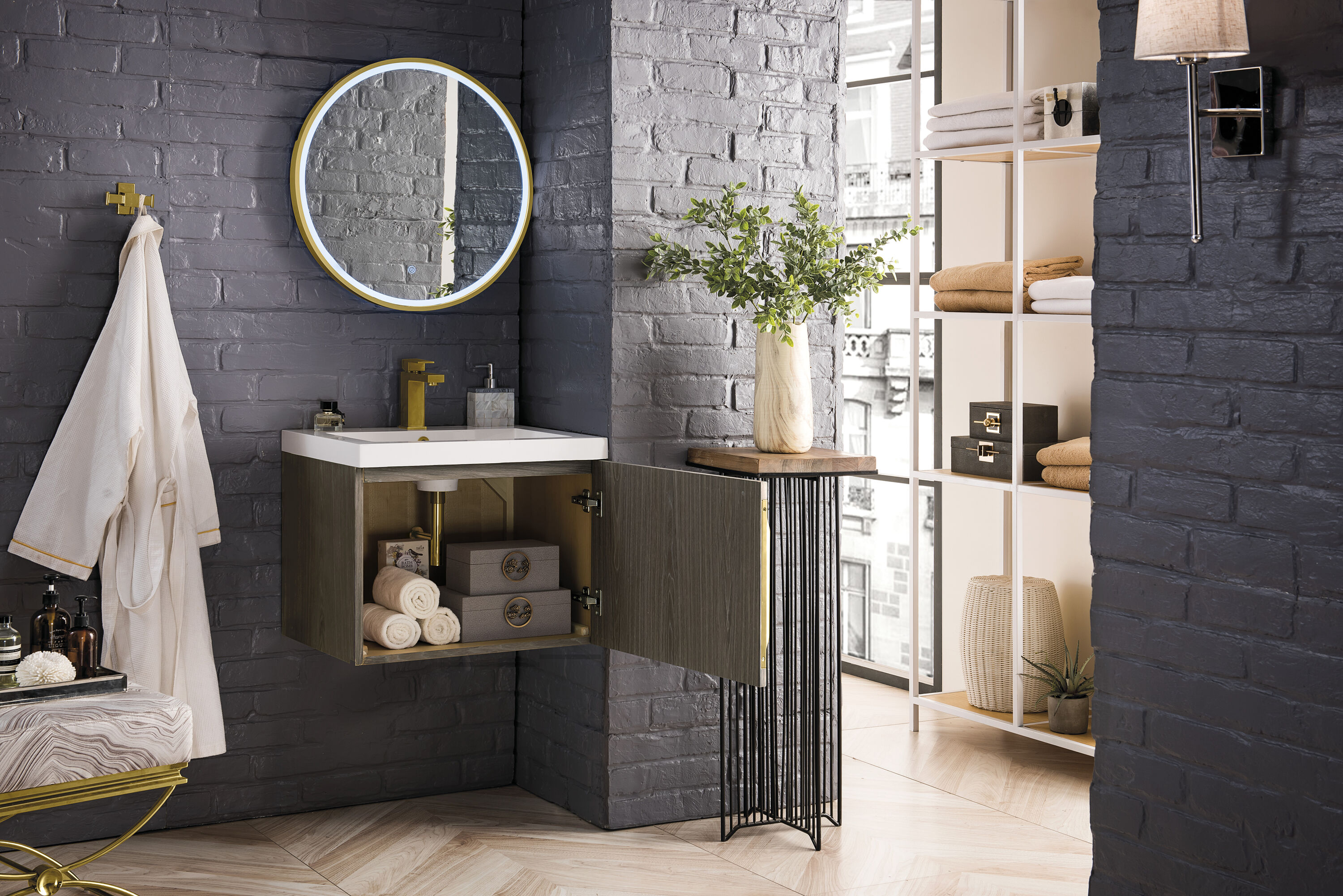 Ash Gray Engineered Wood Wall-Mount Vanity with Mineral Composite Top
