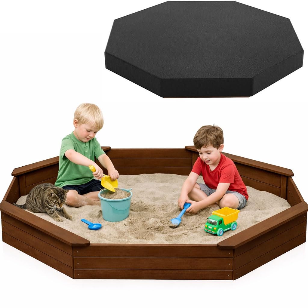 ITOPFOX - Octagon Wooden Sandbox 85 x 78 Inch Large Outdoor Sandpit with Four Benches for Kids B...