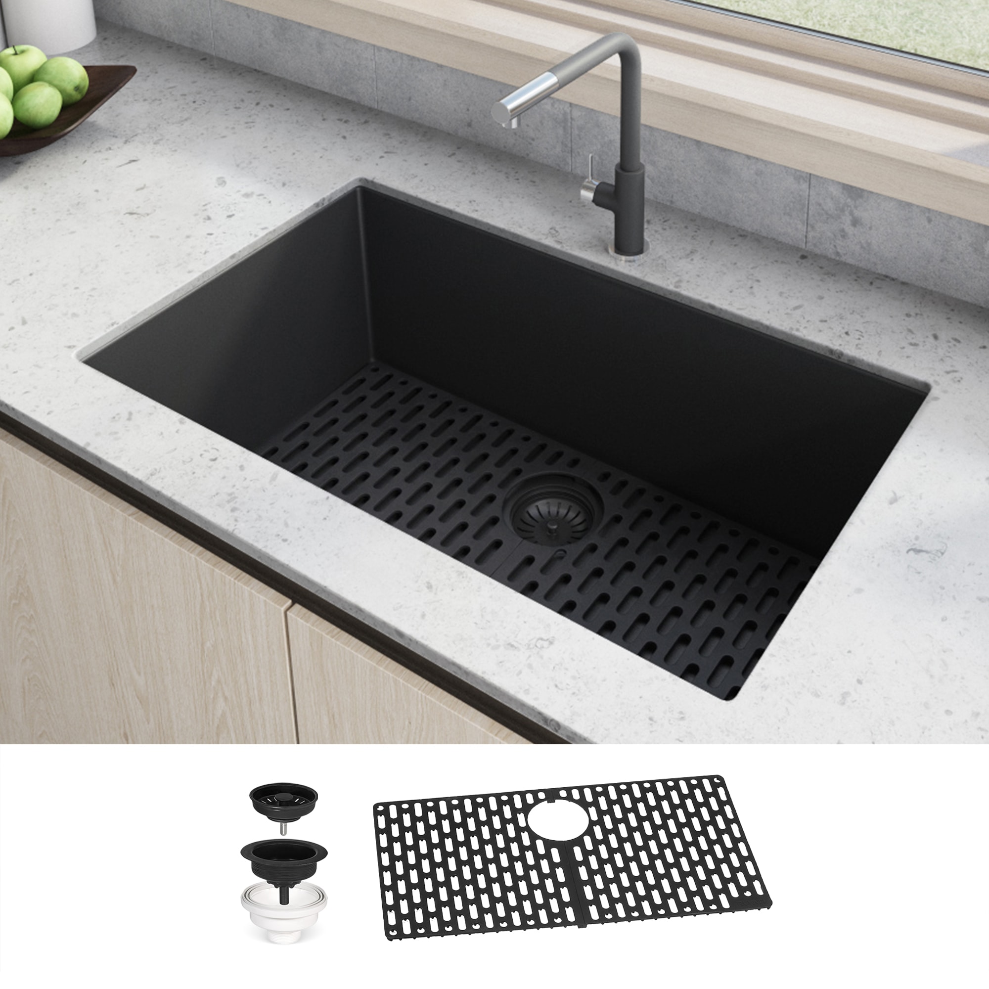 Ruvati RVG2027BK epiGranite Undermount 26-in x 17-in Granite Single bowl 16 -Gauge Kitchen Sink