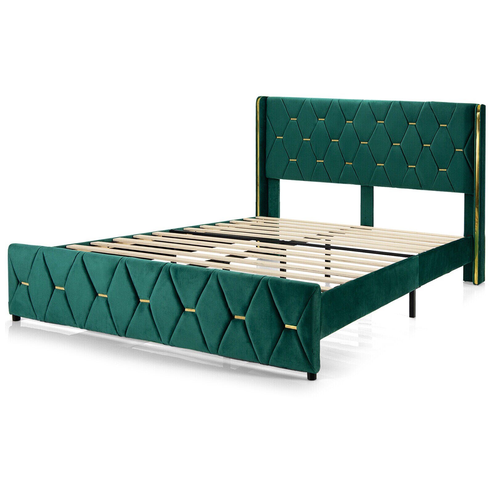 Slickblue - Full Size Green Velvet Platform Bed with Adjustable Headboard Upholstered Frame Moder...