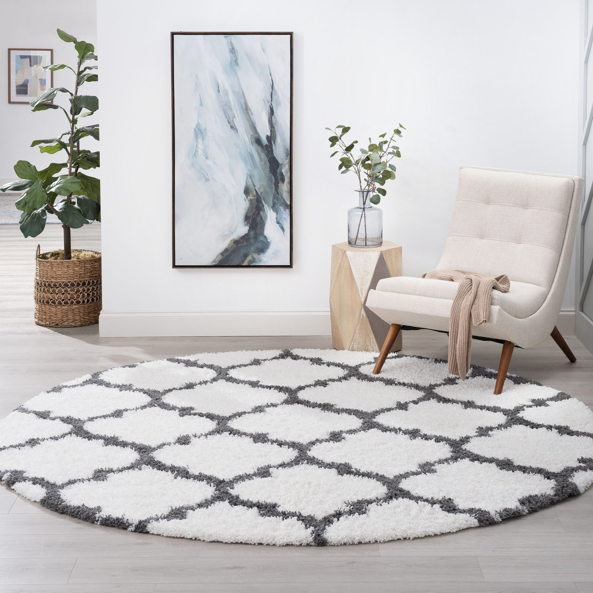 Tayse JRS1300 6RND Jersey Shag 6 x 6 (ft) Loomed Polypropylene White Round Indoor Geometric Mid-Century Modern Area rug