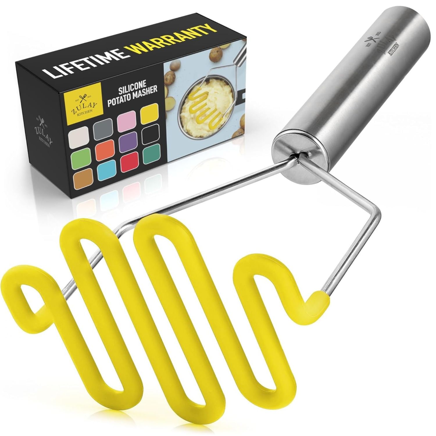 Zulay Kitchen Non Scratch Potato Masher Heavy Duty Stainless Steel Silicone Hand Masher for Smooth Mashed Potatoes Avocados Durable Easy Clean Kitchen Tool