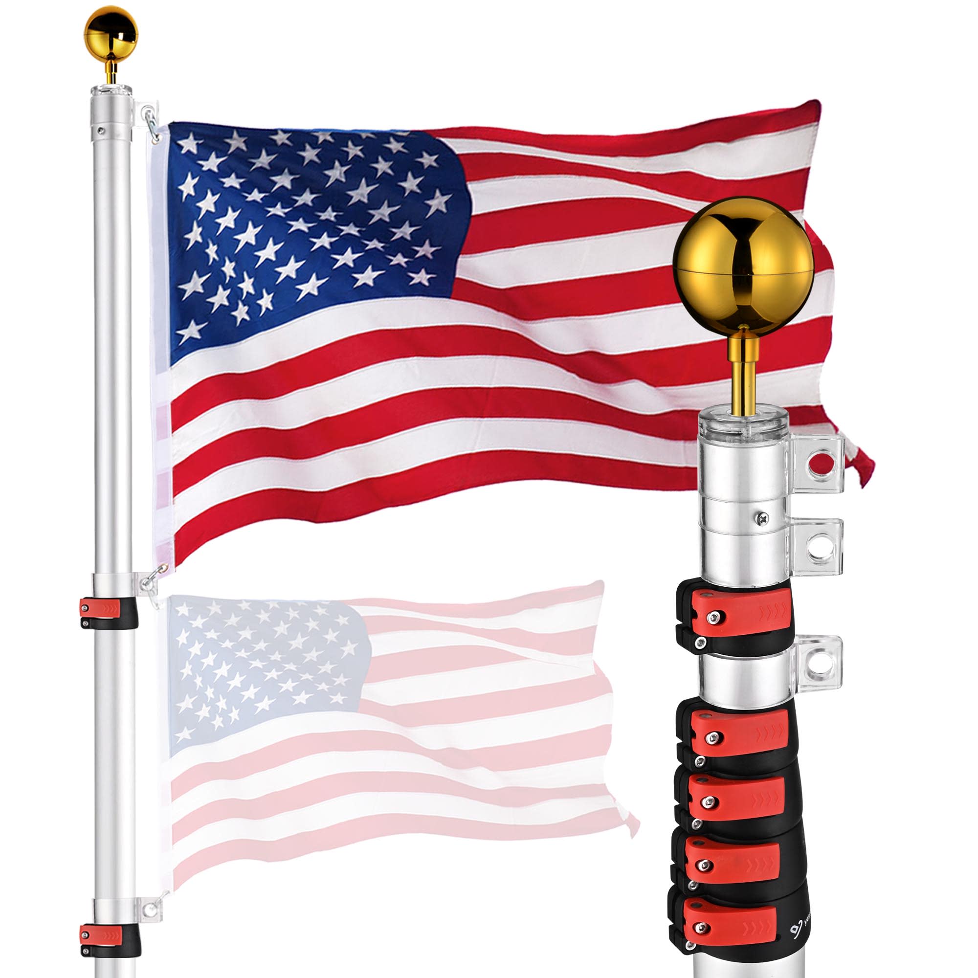Yescom 22FLP001-20-F1.V4-LO EZ GO 20ft Telescopic Flag Pole Kit Upgrade Rotating Lock for Outside Inground with 3x5 FT US Flag Ball Top Silver