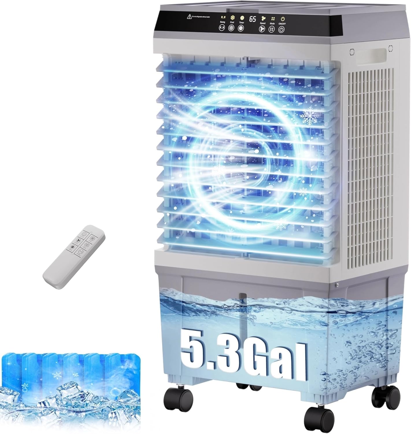 Taoi Fxio Swamp Cooler 1800CFM Evaporative Cooler with 5.3Gal Water Tank 3 Speeds 2 Modes 6 Ice Boxes 120 degrees Swing 12H Timer Air Cooler for Indoor Home Bedroom Office Kitchen