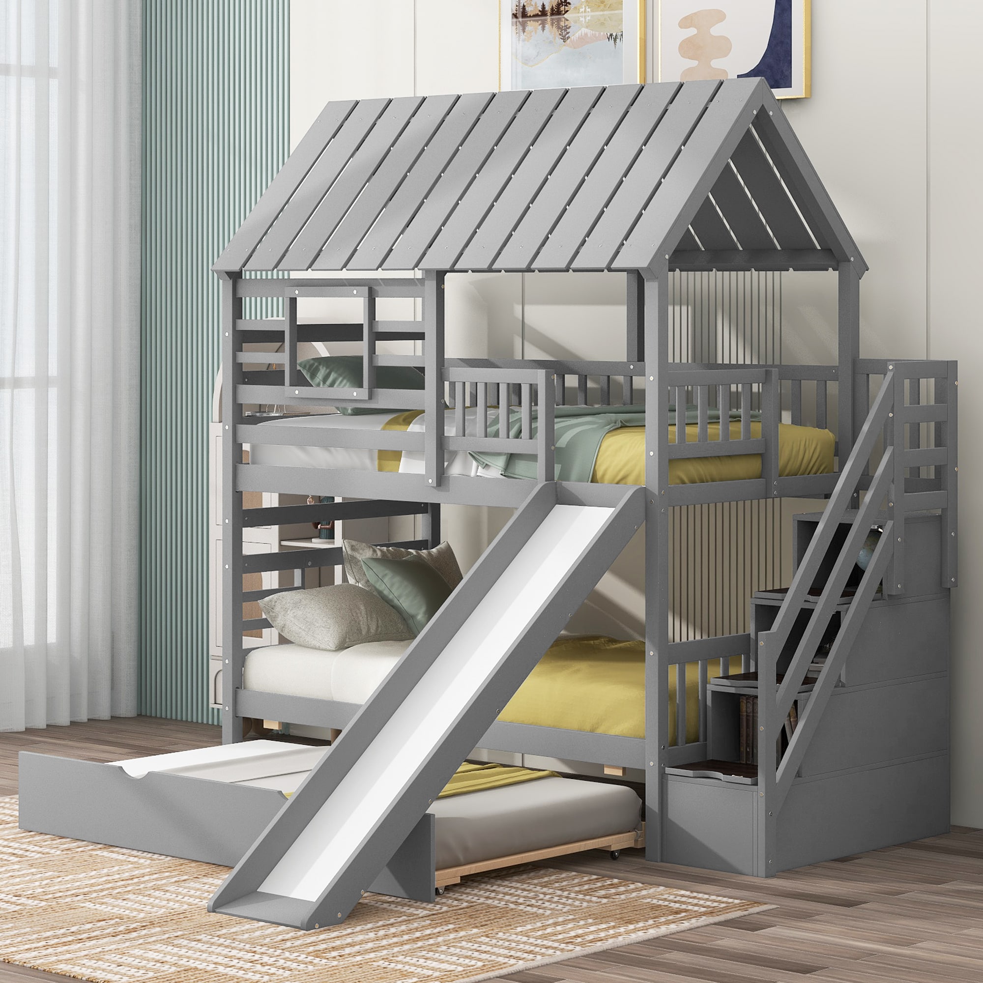 ModernLuxe SM000931AAE Twin over Twin House Bunk Bed with Trundle and Slide Storage Staircase Roof and Window Design Gray