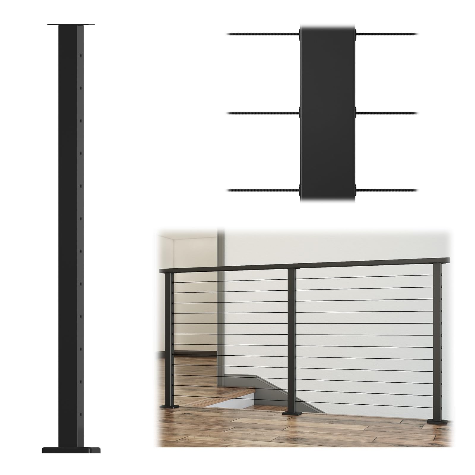 Justincity  Black Cable Railing Post 42 Inch Level Drilled Surface Mount T304 Stainless Steel Cable Railing System Kit Indoor Outdoor