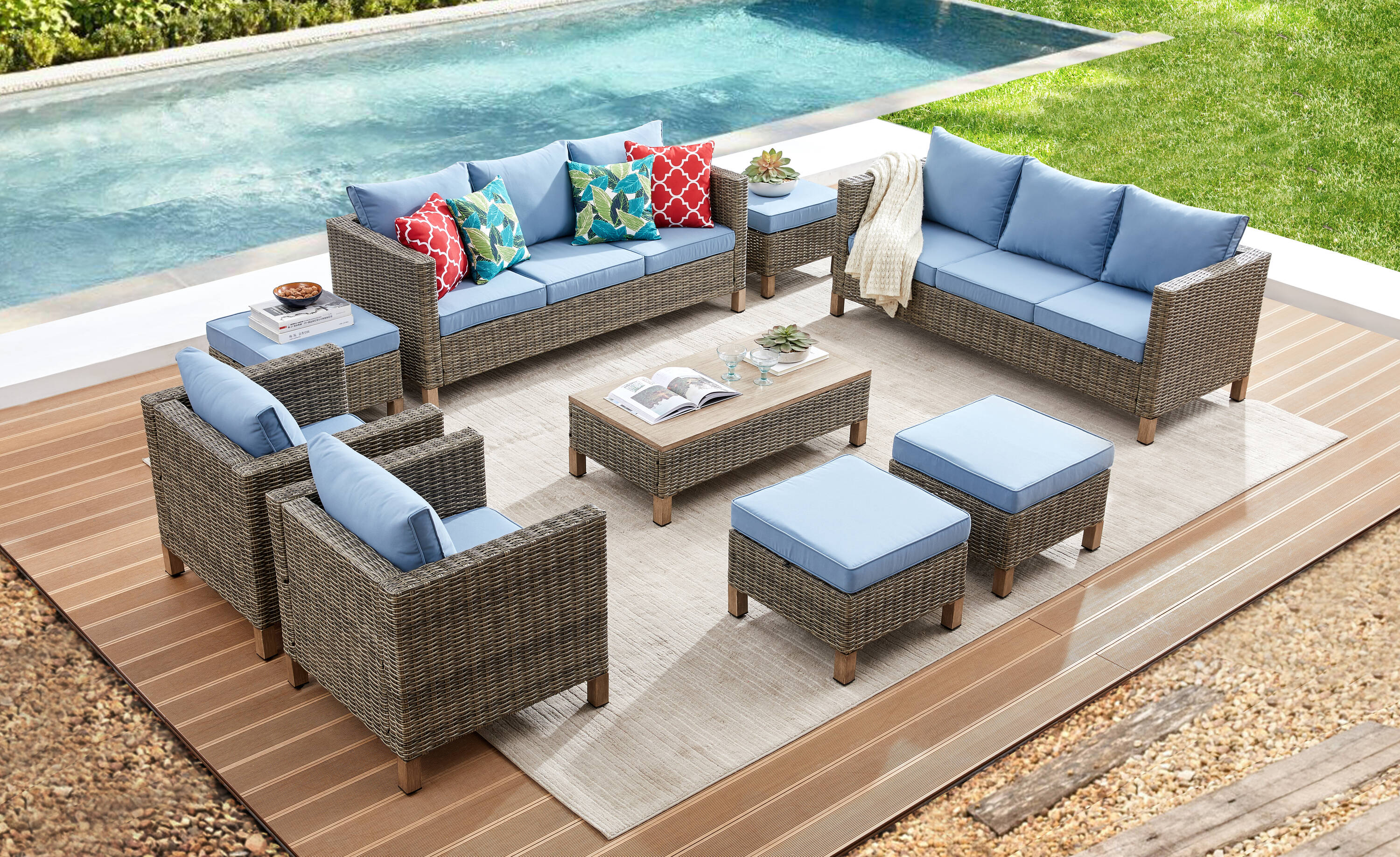 EDYO LIVING SMX06-BL 9 -Piece Wicker 2 Patio Sofa Conversation Set with Blue Cushions
