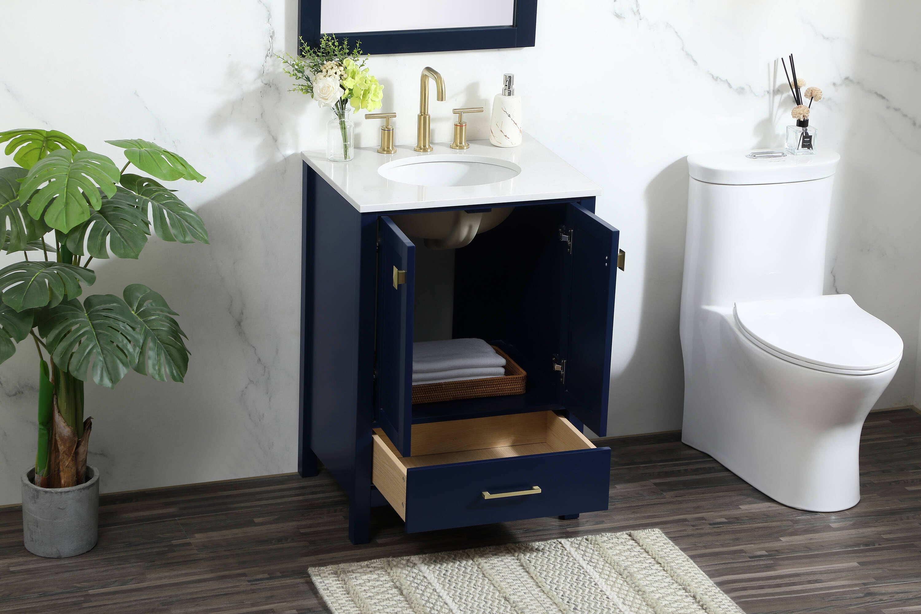 Blue MDF Single Bathroom Vanity with Gold Pulls and Quartz Top