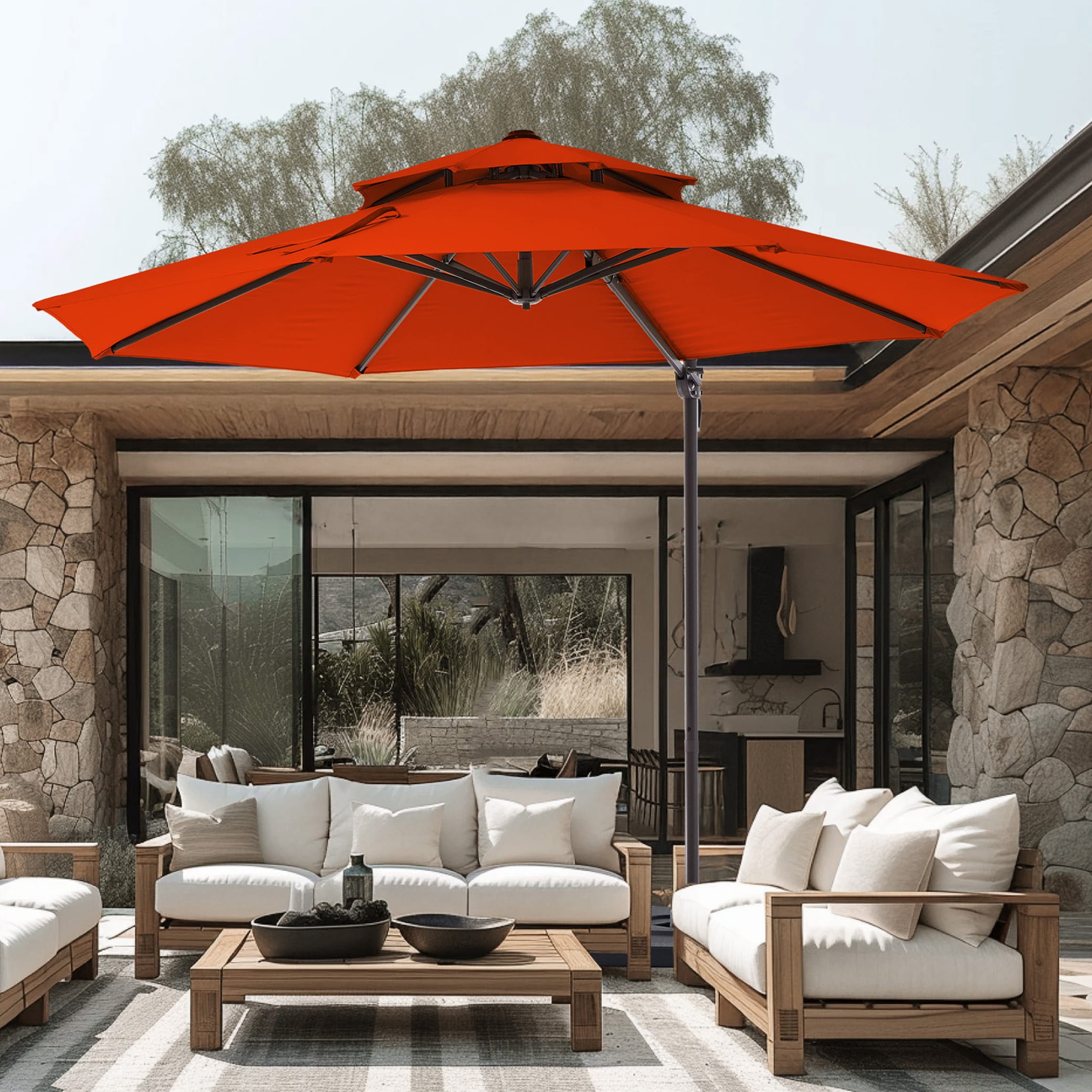 VOUA JE-LK11-RD+BASE 13-Feet Aluminum Orange Crank Cantilever Patio Umbrella with Base