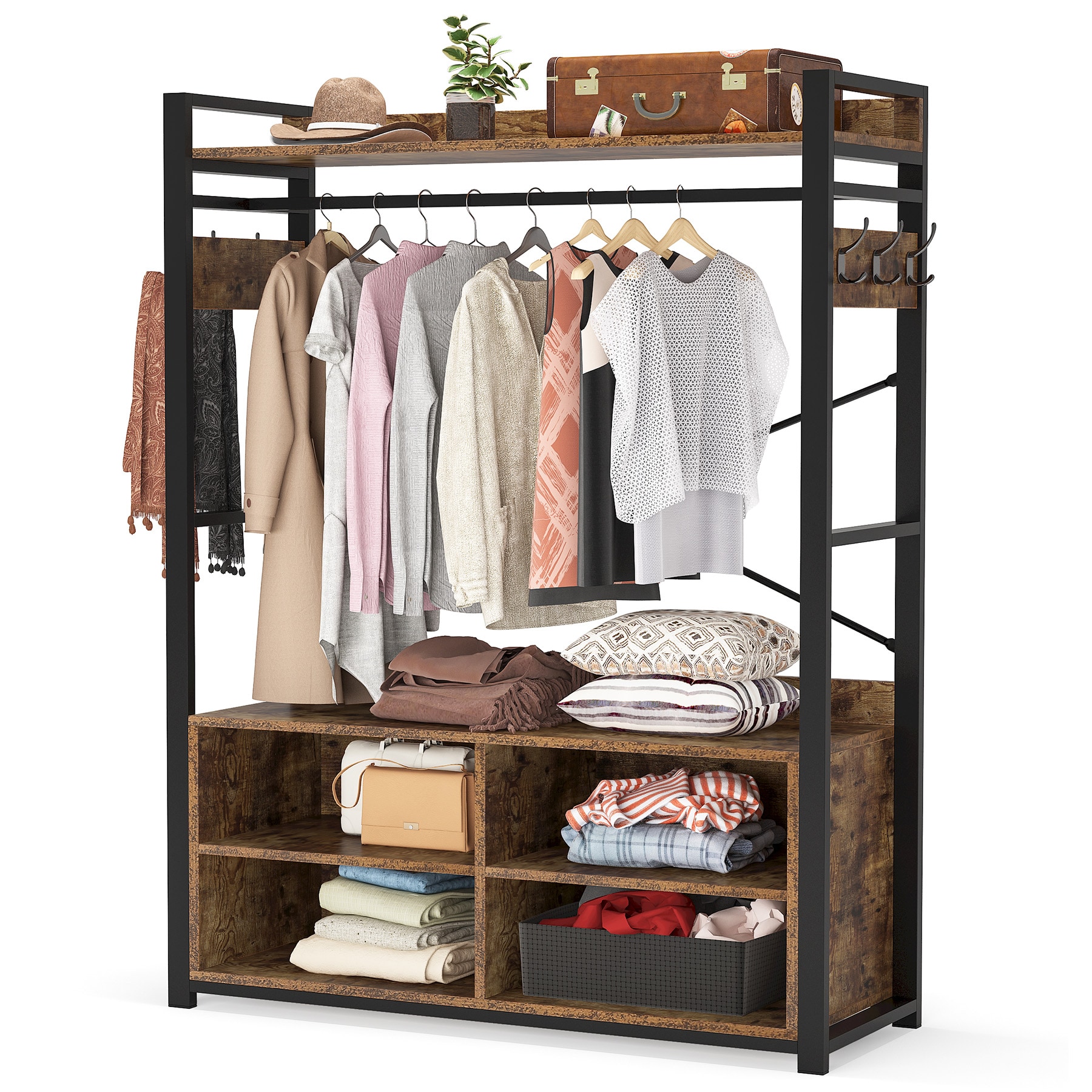 Tribesigns Brown Steel Freestanding Clothing Rack, Large Shelves, 47.24-in Wide Garment Rod, Sturdy & Spacious