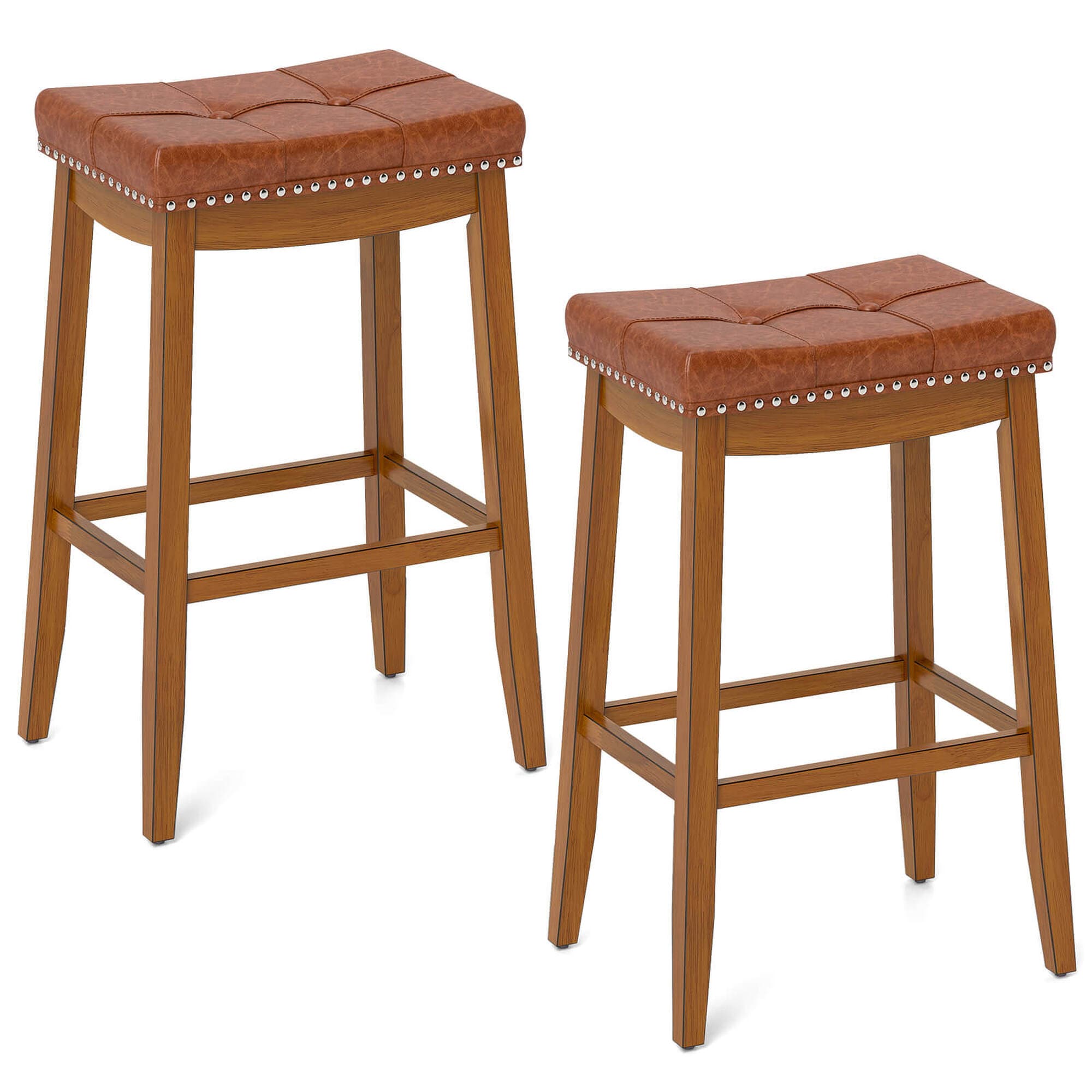 Costway HCST04365 Brown 29-in H Bar height Upholstered Wood Bar Stool 2 -Pack