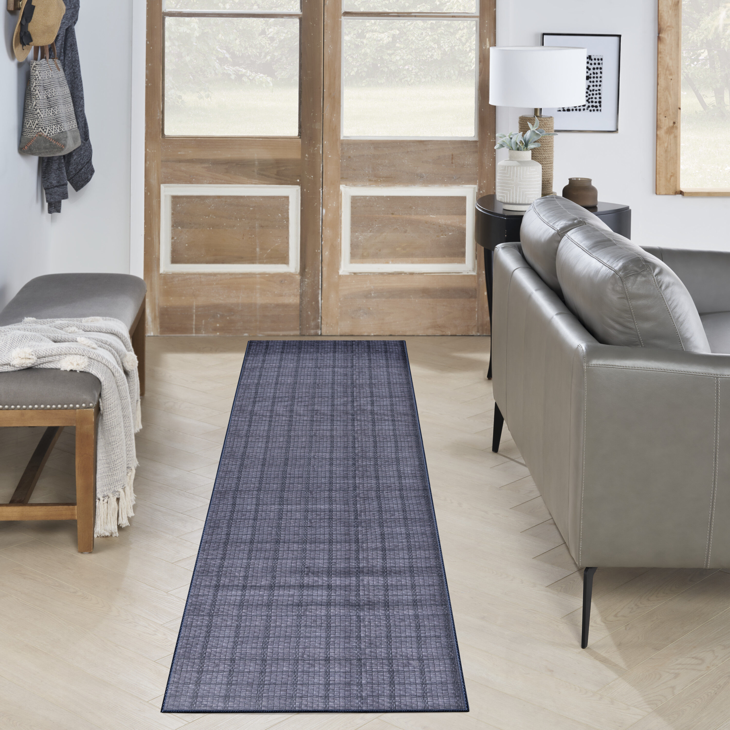 Nourison 099446912817 Washables 2 x 10 (ft) Loomed Polyester Navy Blue Rectangular Indoor Geometric Machine washable Area rug