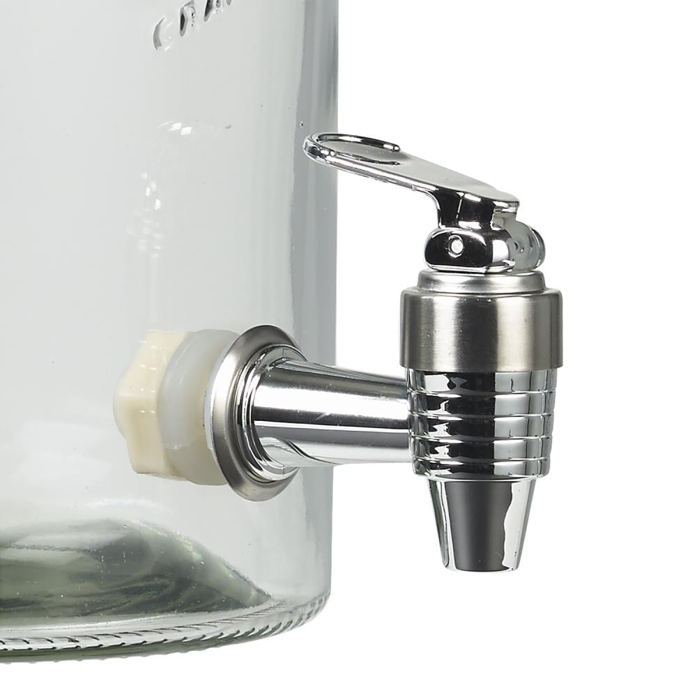 Elegant glass beverage dispenser with integrated faucet, screw