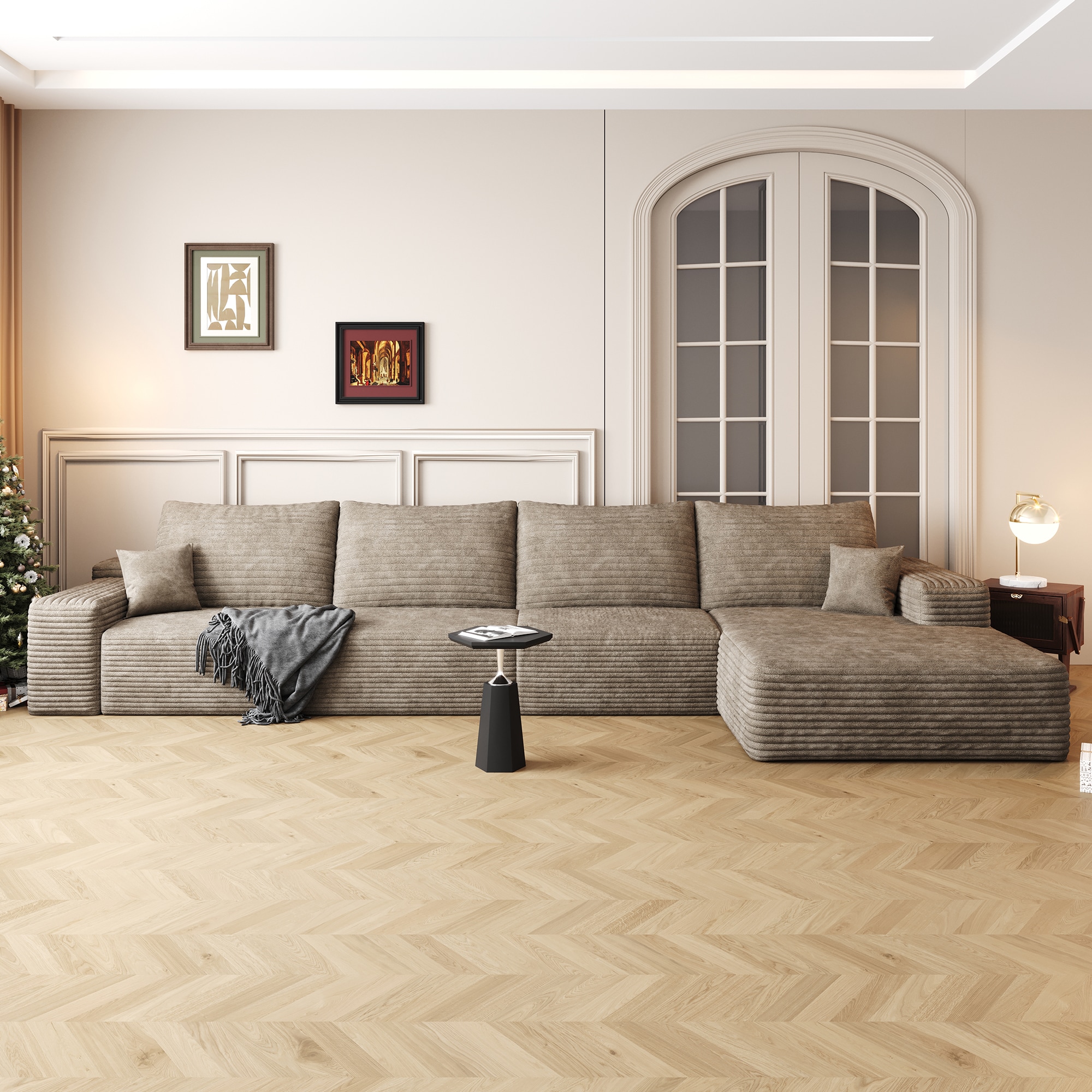Wooakway 135in L Shaped Cloud Sectional with Chaise  Oversized Corduroy Modular Sofa  No Assembly Deep Seat  Camel