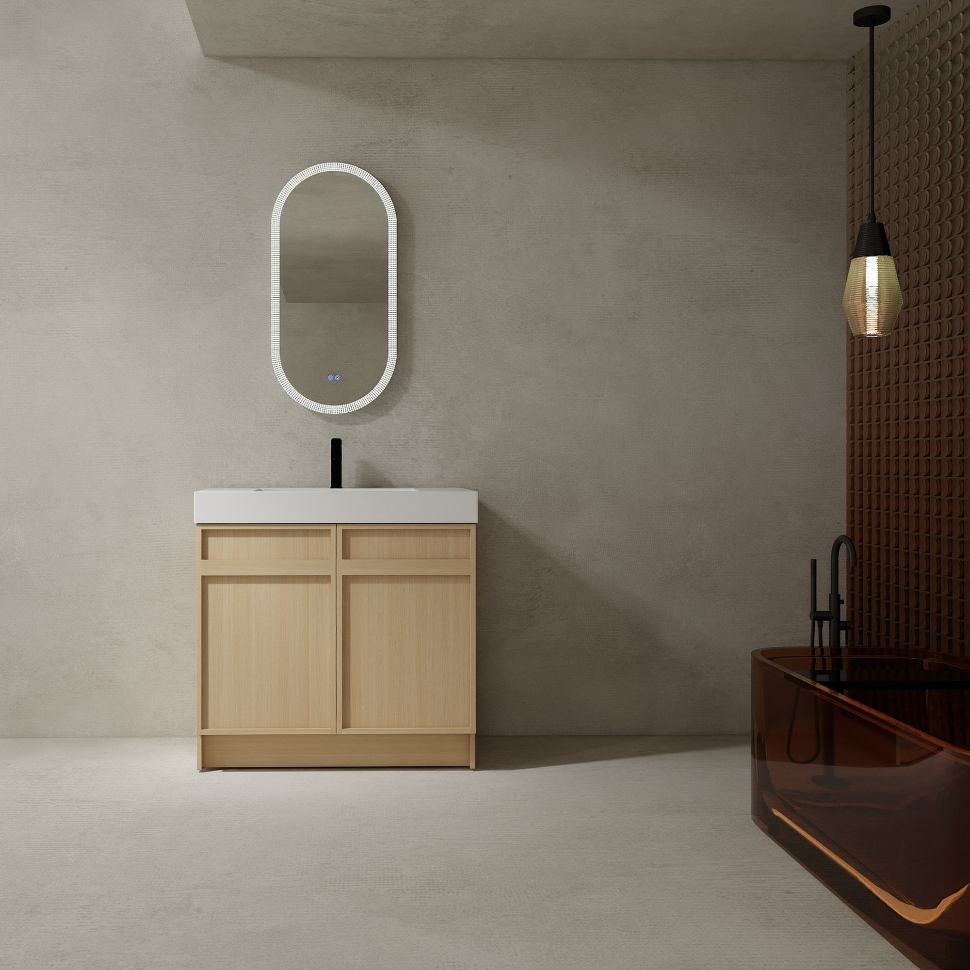 IAK 36 inch Oak Plywood Freestanding Bathroom Vanity with White Resin Sink and 2 Soft-Close Doors