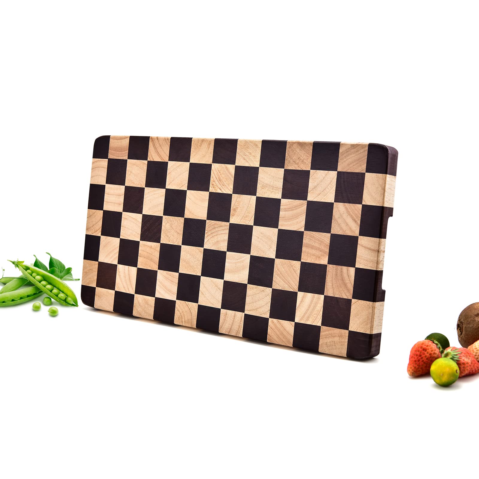 Anqtovp  Wood Cutting Board Checkerboard Pattern with Inner Side Handles Durable Hardwood Chopping Slicing Dicing Board for Meat Cheese