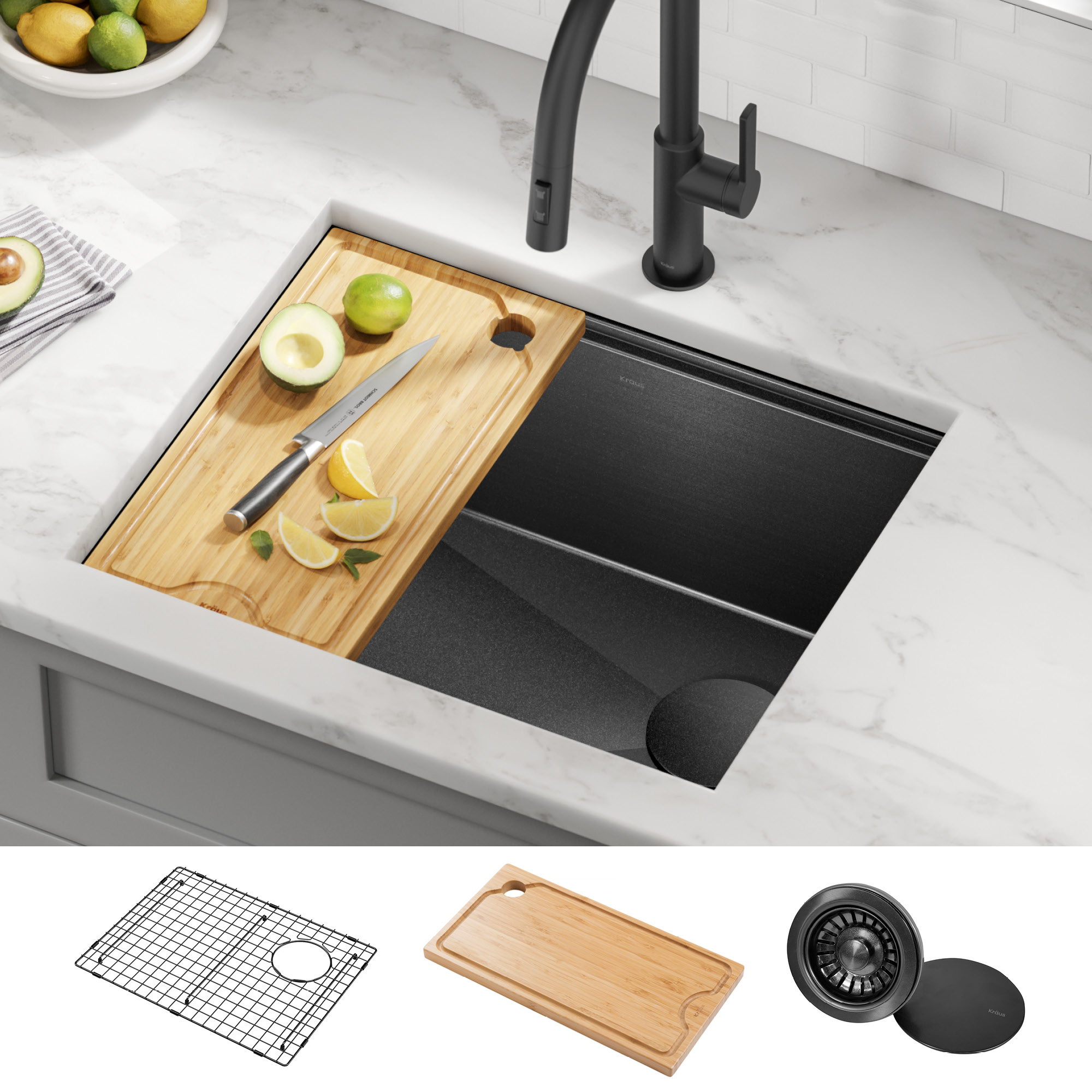 Kraus KRAUS Workstation Kitchen Sink Solid Bamboo Cutting Board/Serving Board Size: 17 W x 23 L