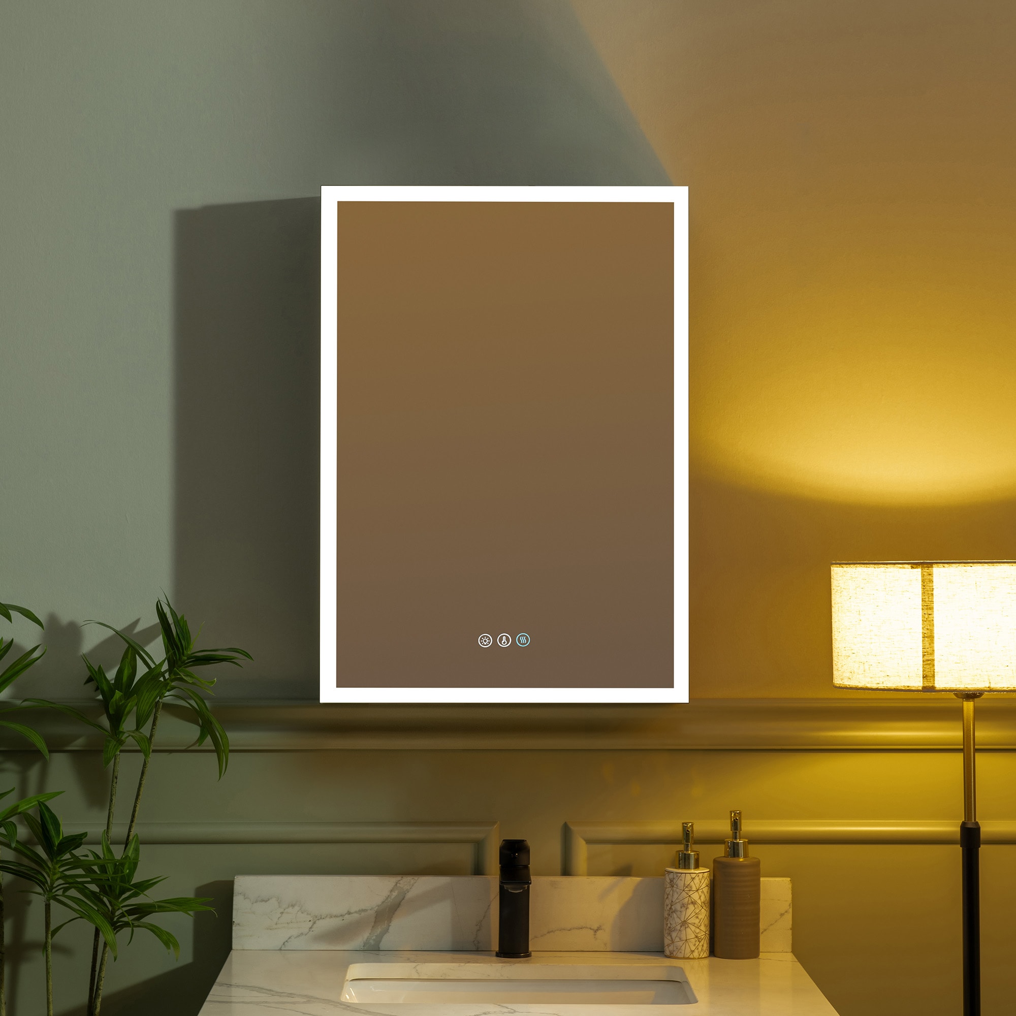 Woodbridge LMC008 M2028 19.75-in x 27.75-in Lighted LED Fog Free Surface Mount Gray Interior Mirrored Rectangle Soft Close Medicine Cabinet with Outlet