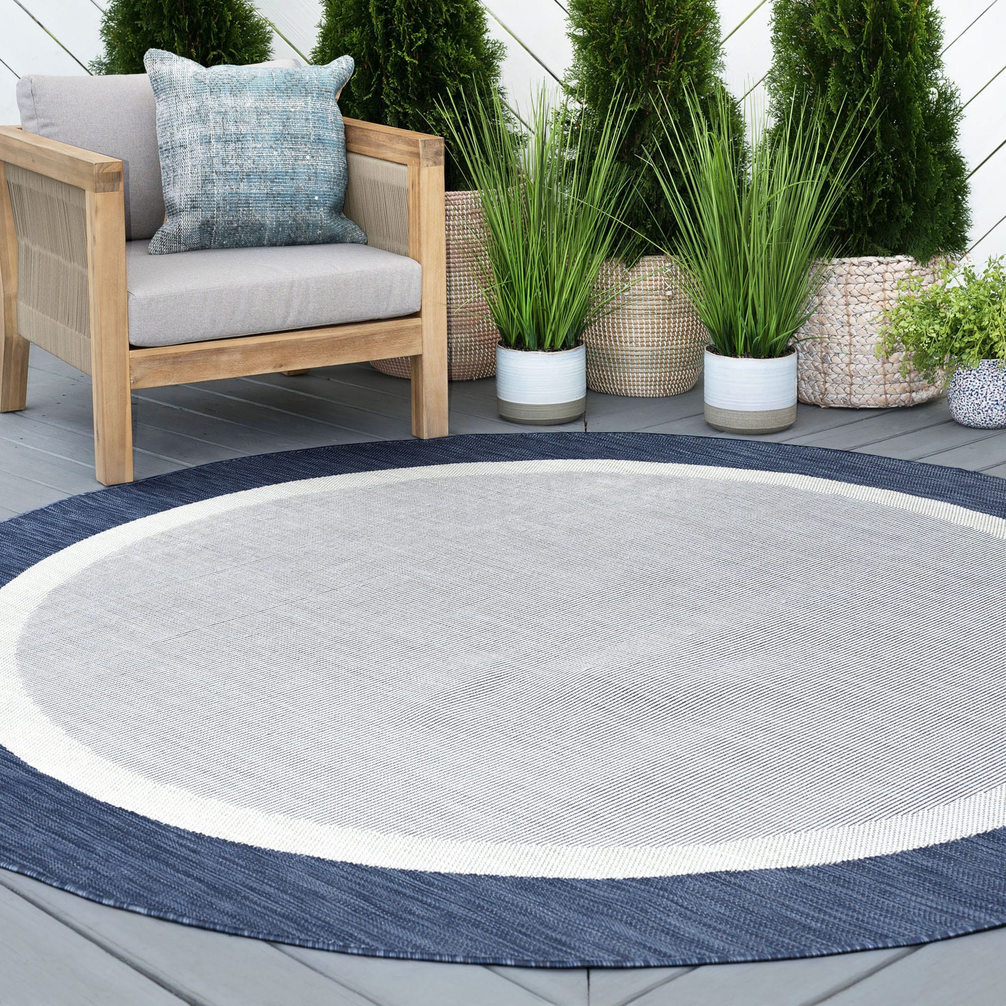 Tayse ECO1205 8RND Eco 8 x 8 (ft) Flatweave Polypropylene Navy Round Indoor/Outdoor Coastal Area rug