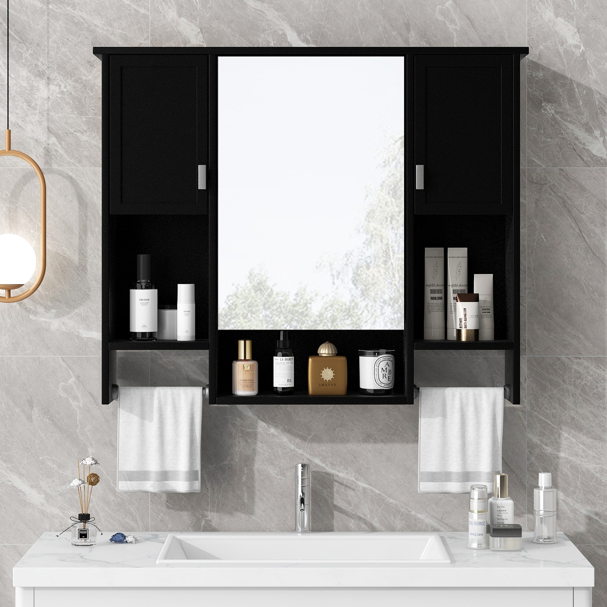 LOVMOR 35-in x 6.7-in x 28.7-in Black Bathroom Wall Cabinet with Mirror Wall Mounted Storage Interior Storage #SF-W-N710P236929B