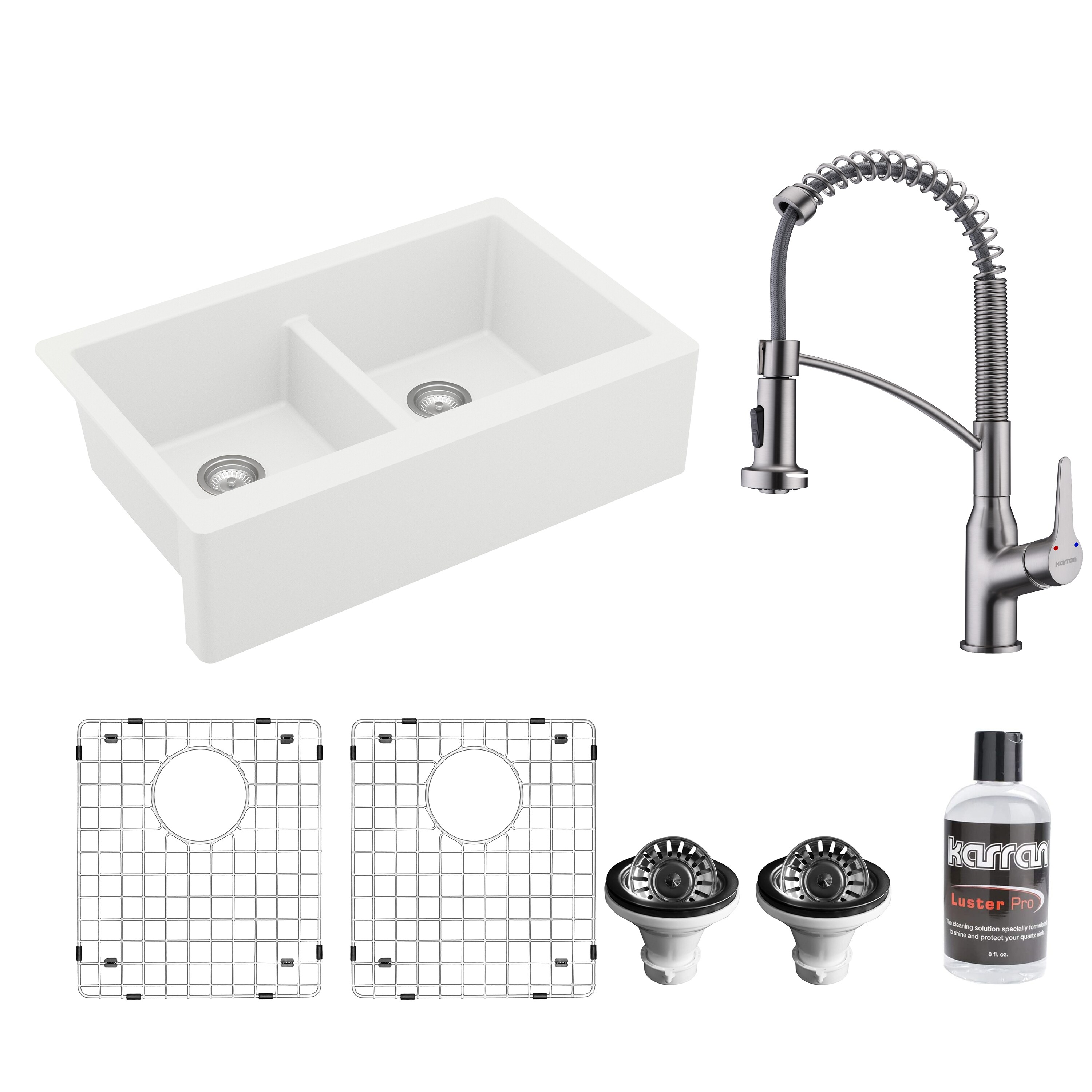 Karran QA750WH210SS Farmhouse apron front 34-in x 21.25-in Quartz Double equal bowl Kitchen Sink All-in-One Kit