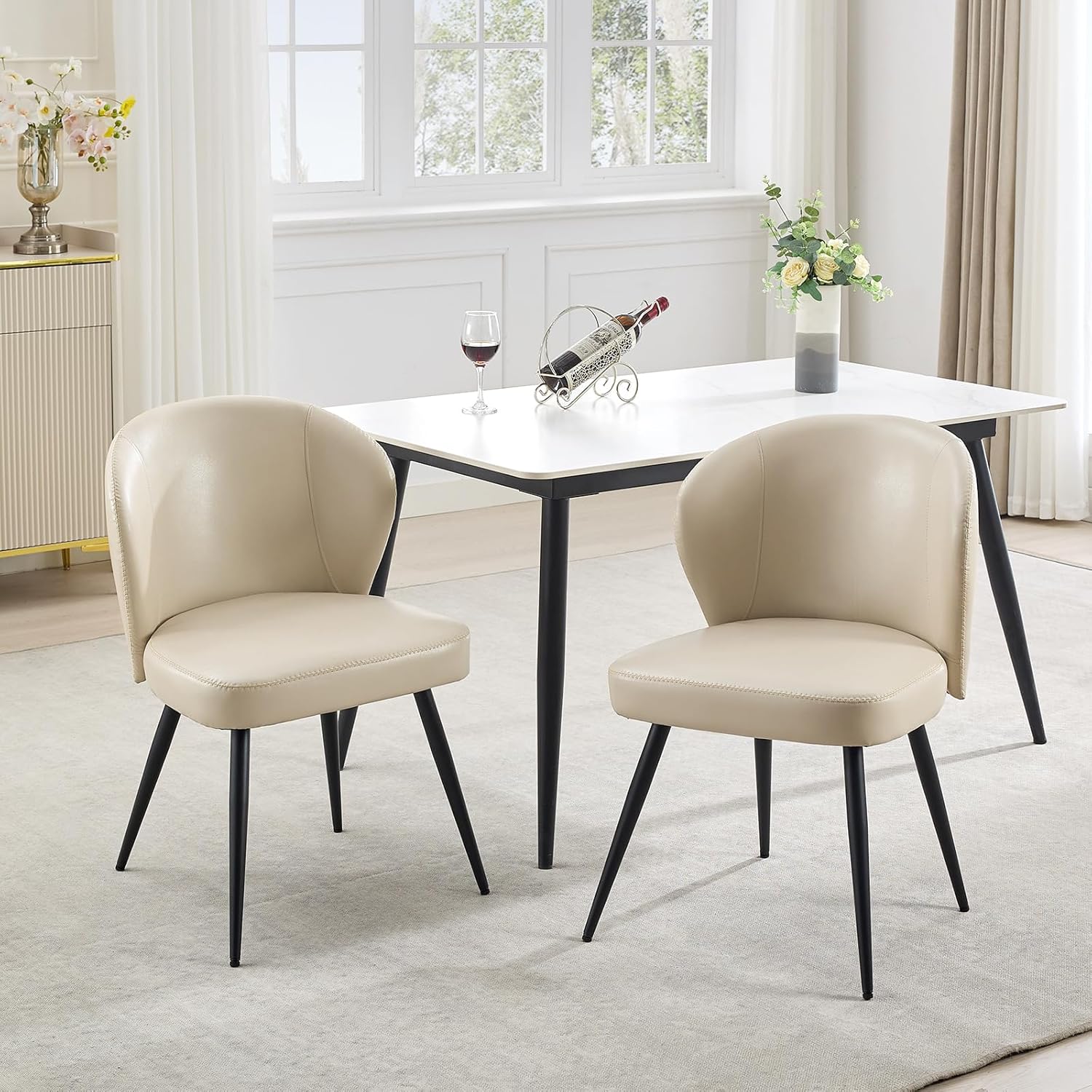 Qeetex PHK-33ADABHJ-HNN Set of 2 Modern Beige Leather Dining Chairs with Upholstered Seat and Black Steel Legs and High Curved Backrest