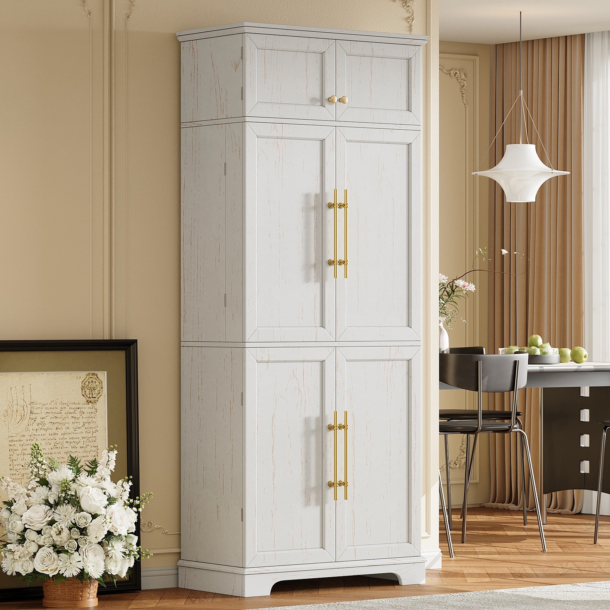 Horizons Prime 78 inch Retro White MDF Farmhouse Kitchen Pantry Cabinet with 8 Door Shelves and 4 Adjustable Shelves