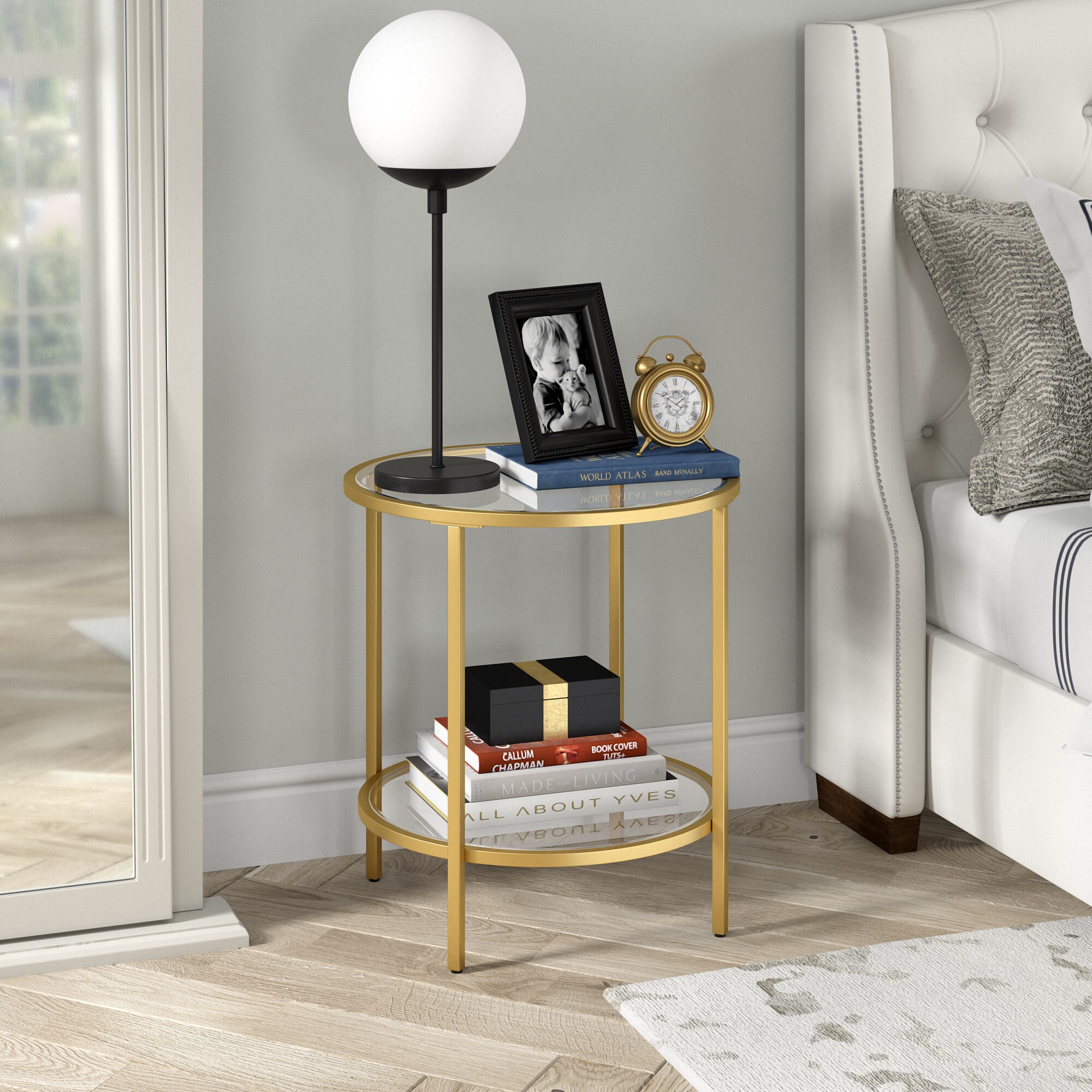20" Round Brass & Glass Compact Side Table with Shelf