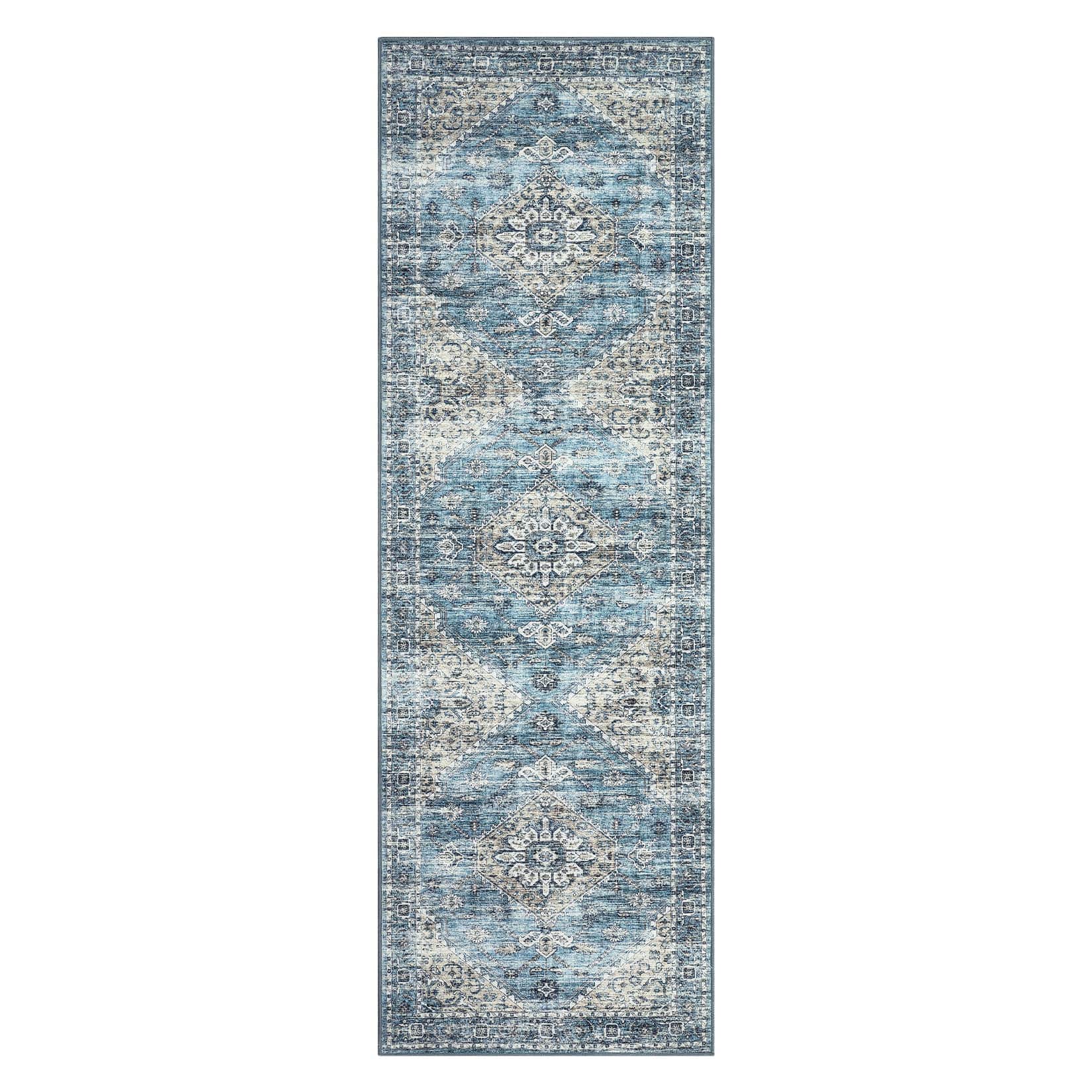 Qeetex LSN-PHK-33EU3KAL 2 x 6 ft Polyester Cashmere Imitation Blue Rectangular Hallway Bathroom Entryway Kitchen Office Foldable Geometric Persian Washable Area Rug
